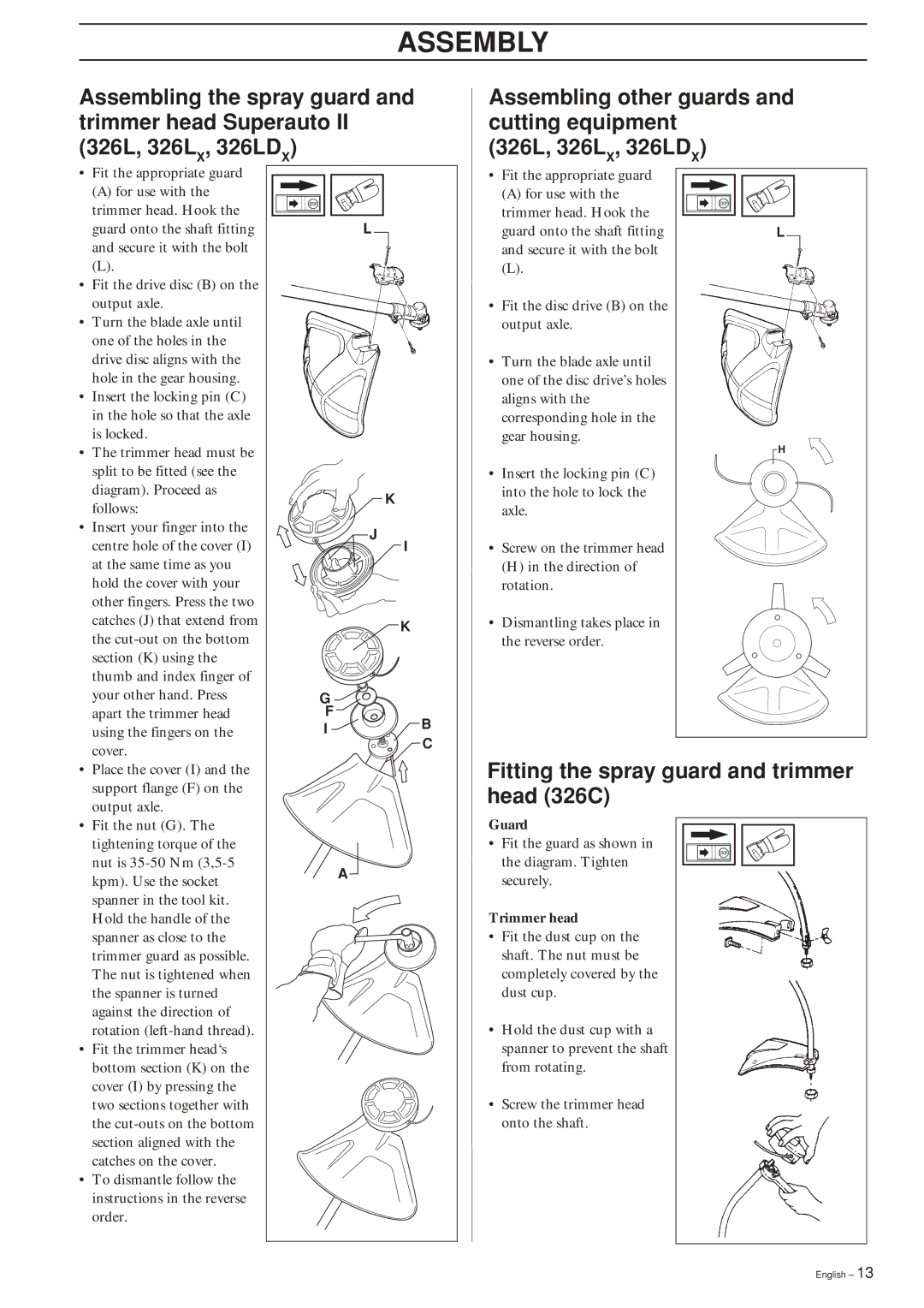 Husqvarna 326C, 326L, 326LX-Series, 326LDX-Series manual Fitting the spray guard and trimmer head 326C, Trimmer head 