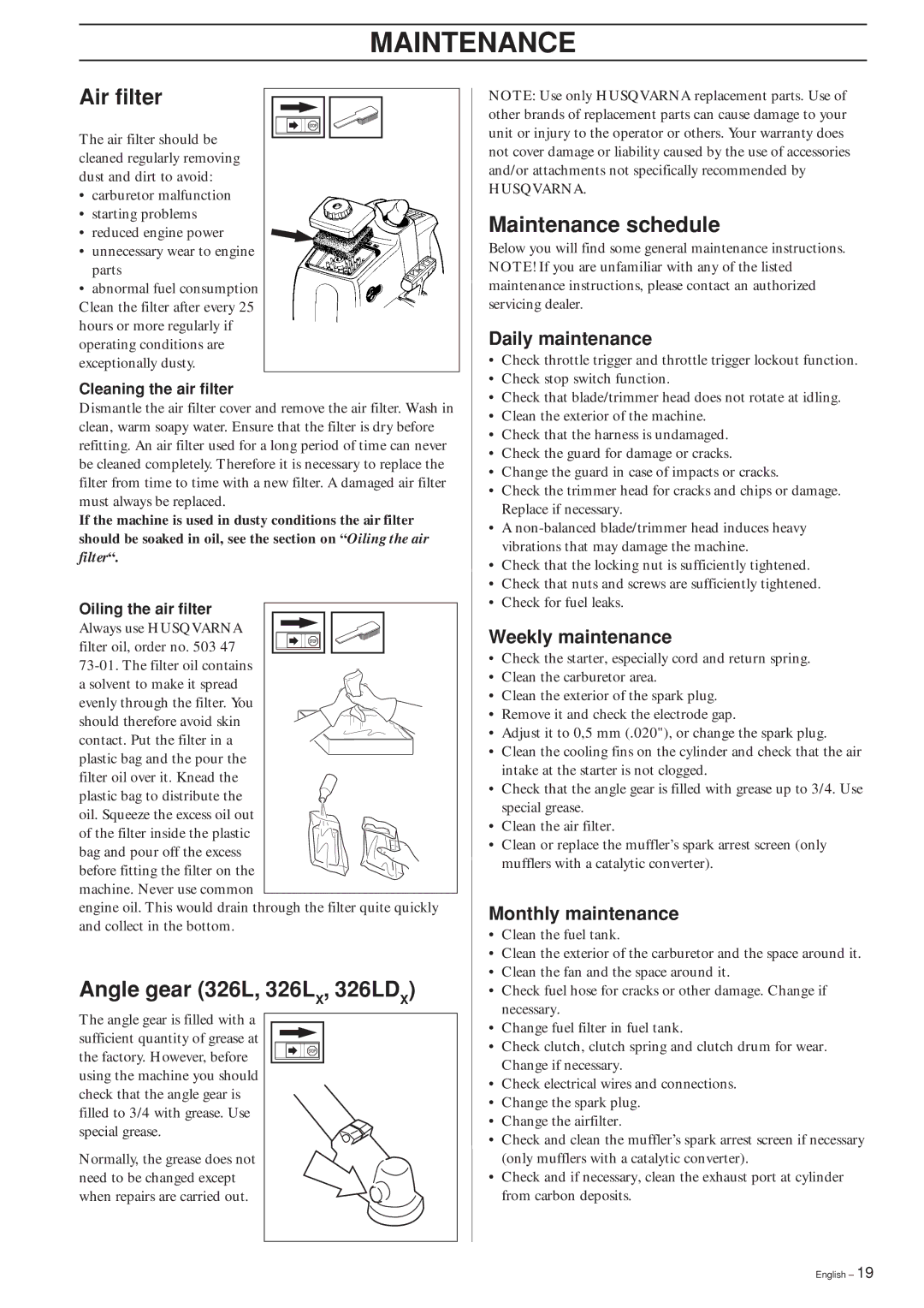 Husqvarna 326C, 326L, 326LX-Series, 326LDX-Series manual Air filter, Angle gear 326L, 326LX, 326LDX, Maintenance schedule 