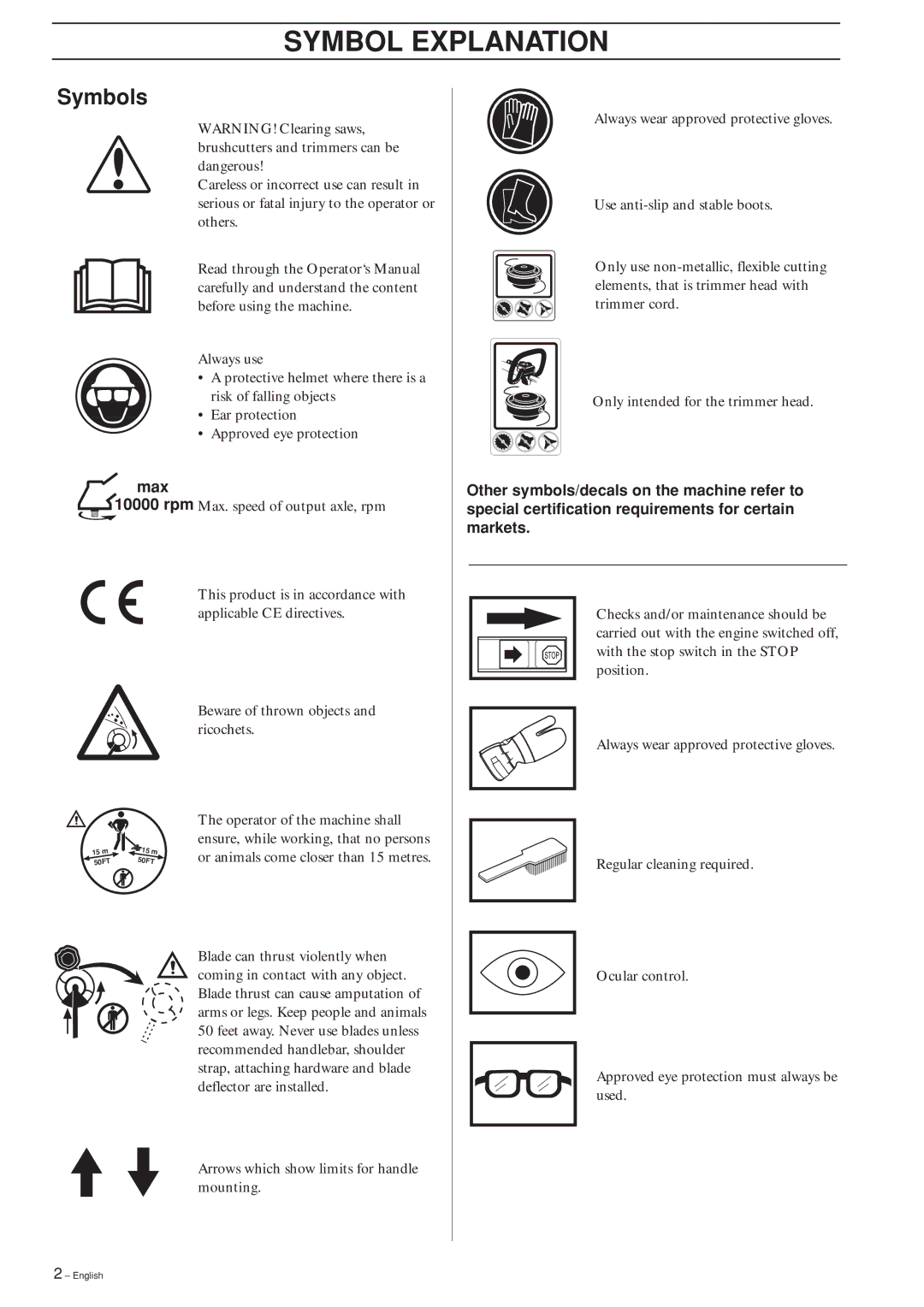 Husqvarna 326C, 326L, 326LX-Series, 326LDX-Series manual Symbol Explanation, Symbols 