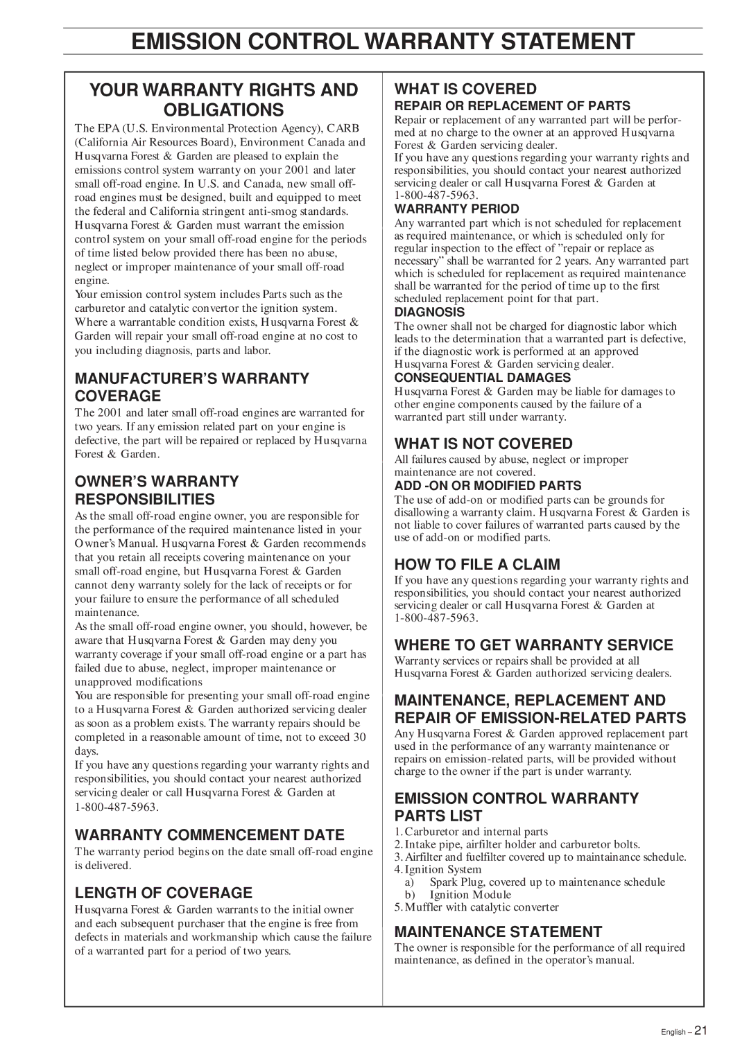 Husqvarna 326C, 326L, 326LX-Series, 326LDX-Series Emission Control Warranty Statement, Your Warranty Rights Obligations 