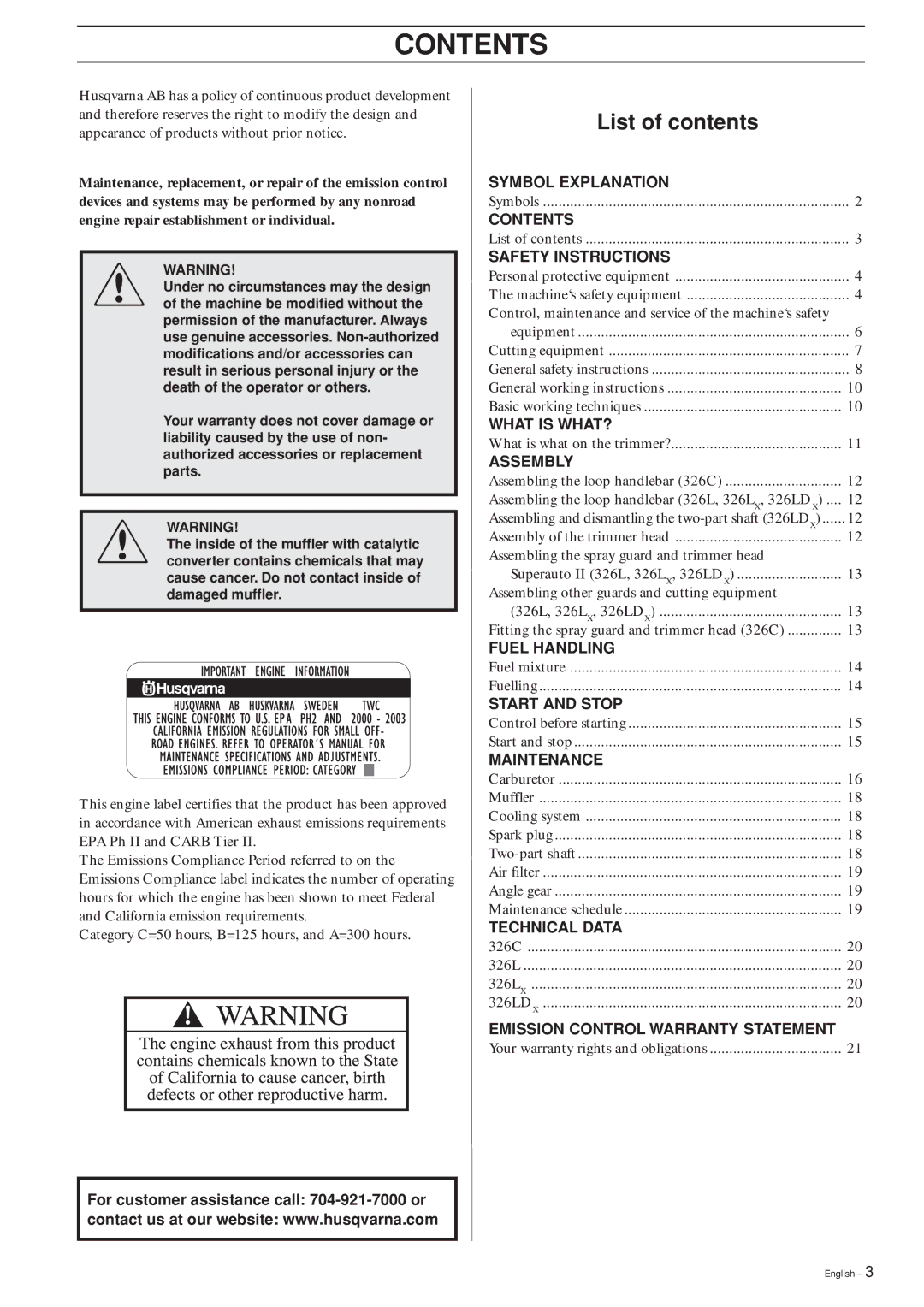 Husqvarna 326C, 326L, 326LX-Series, 326LDX-Series manual Contents 