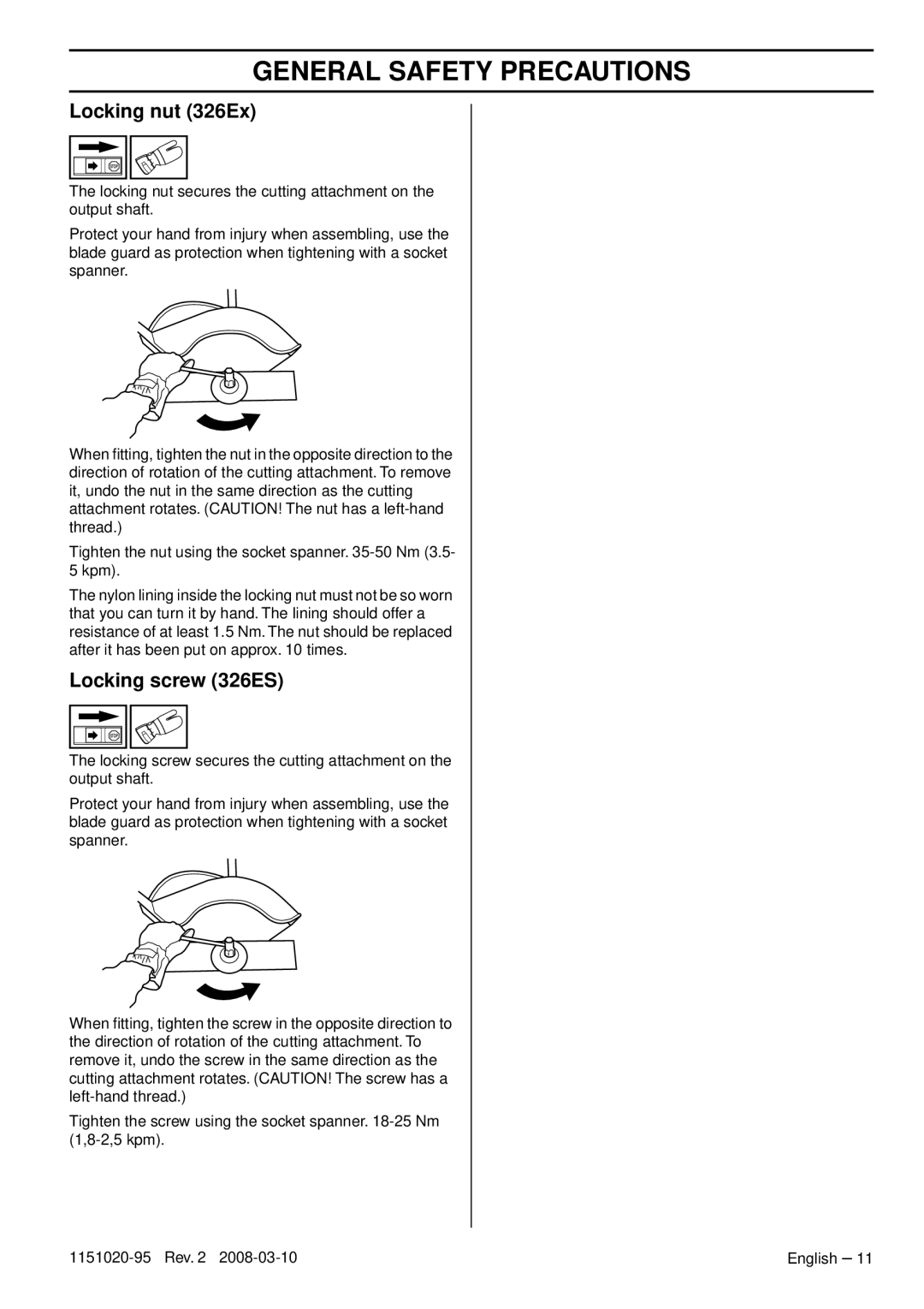 Husqvarna manual Locking nut 326Ex, Locking screw 326ES 