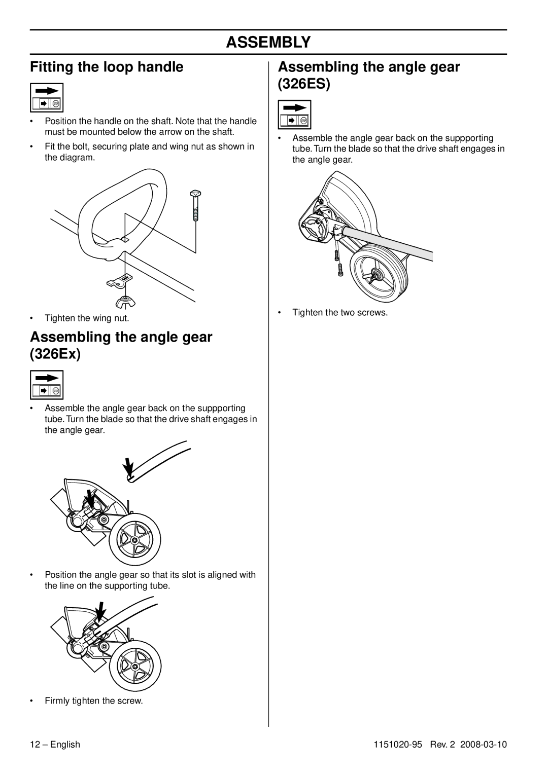 Husqvarna manual Assembly, Fitting the loop handle, Assembling the angle gear 326Ex, Assembling the angle gear 326ES 