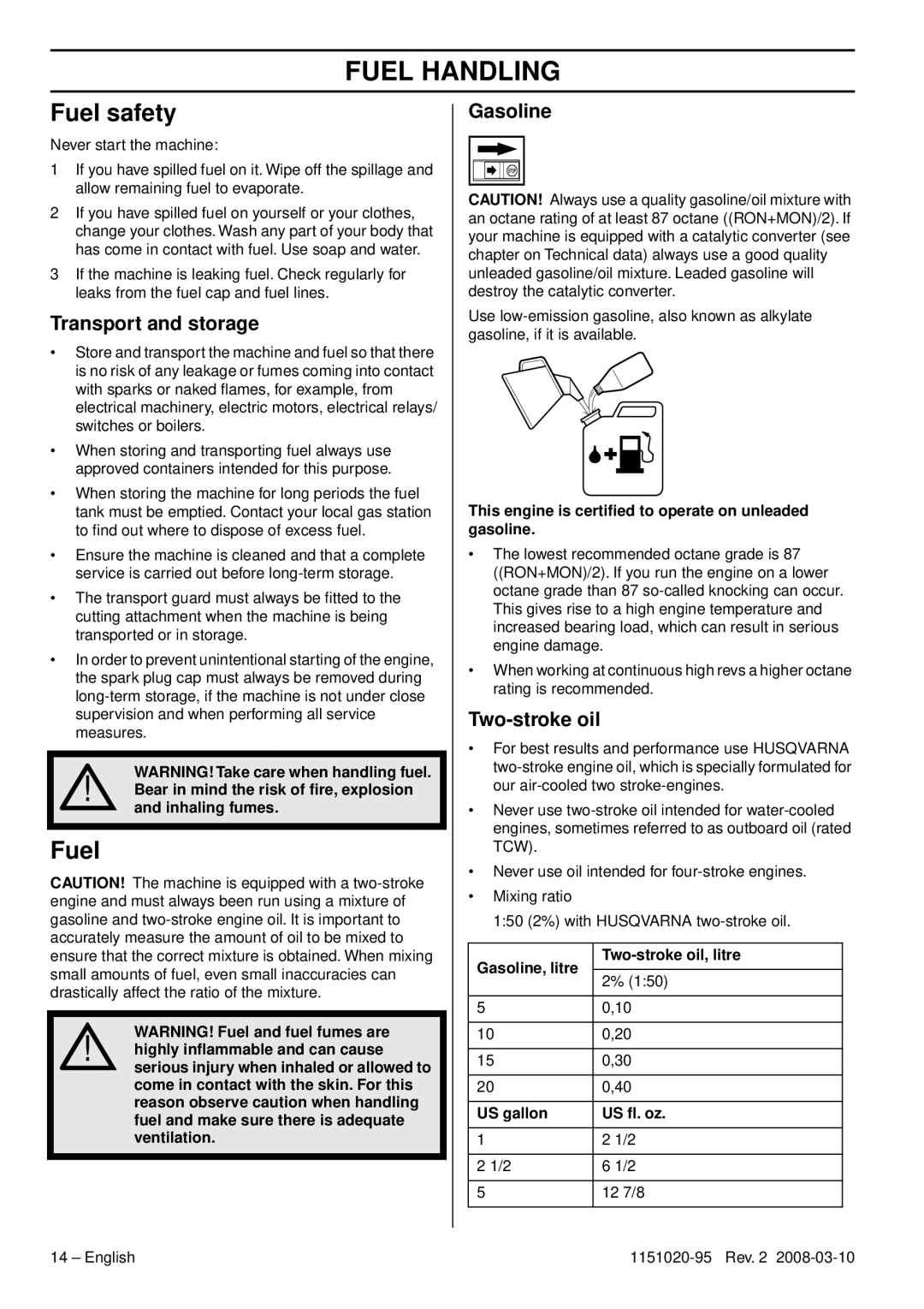 Husqvarna 326ES manual Fuel Handling, Fuel safety 