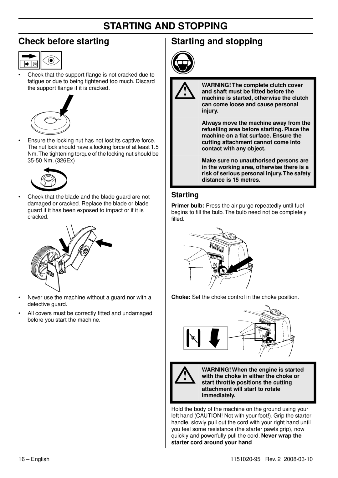 Husqvarna 326ES manual Starting and Stopping, Check before starting, Starting and stopping 