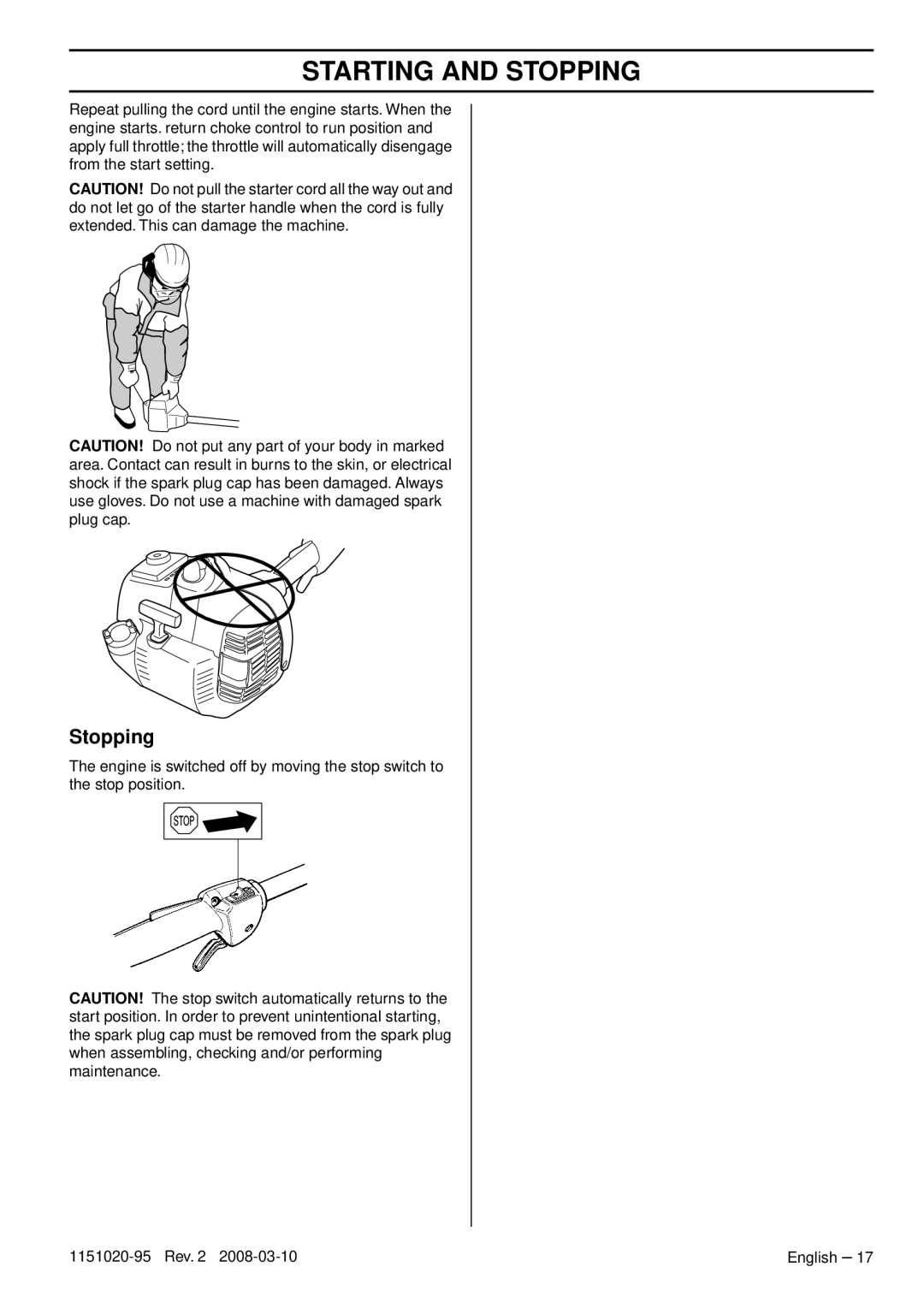 Husqvarna 326ES manual Stopping 