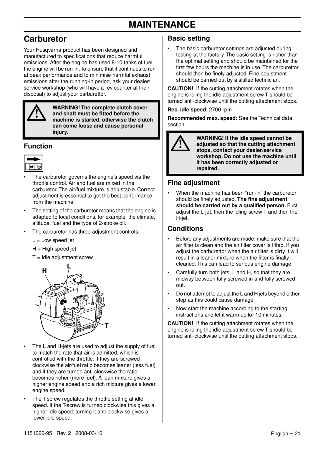 Husqvarna 326ES manual Maintenance, Carburetor 