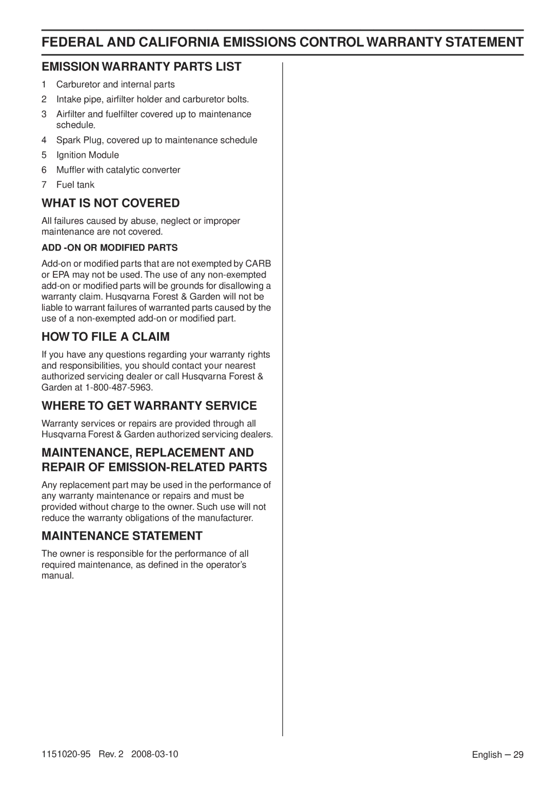 Husqvarna 326ES manual Emission Warranty Parts List 