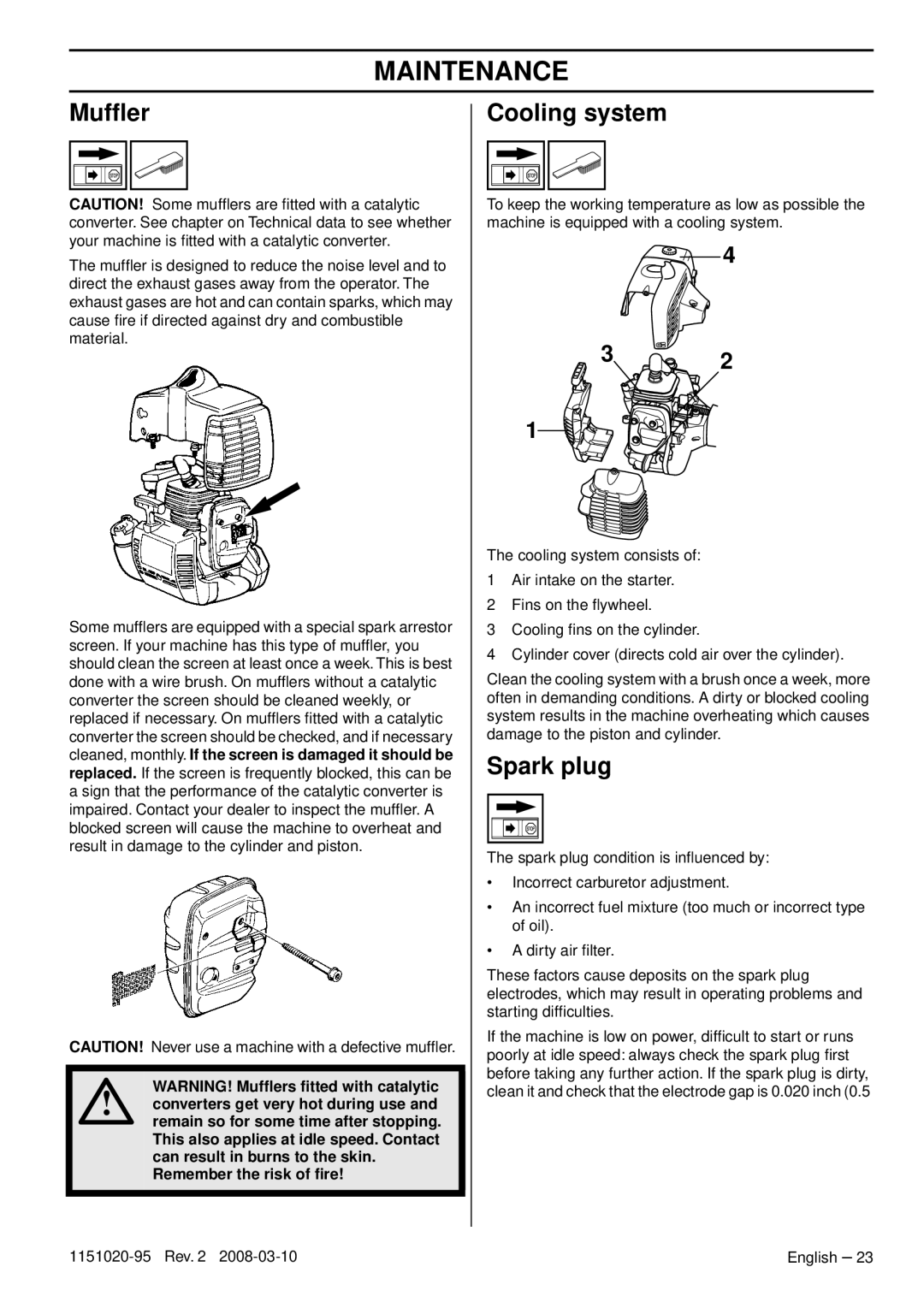 Husqvarna 326ES manual Mufﬂer, Cooling system, Spark plug, Remember the risk of ﬁre, Maintenance 