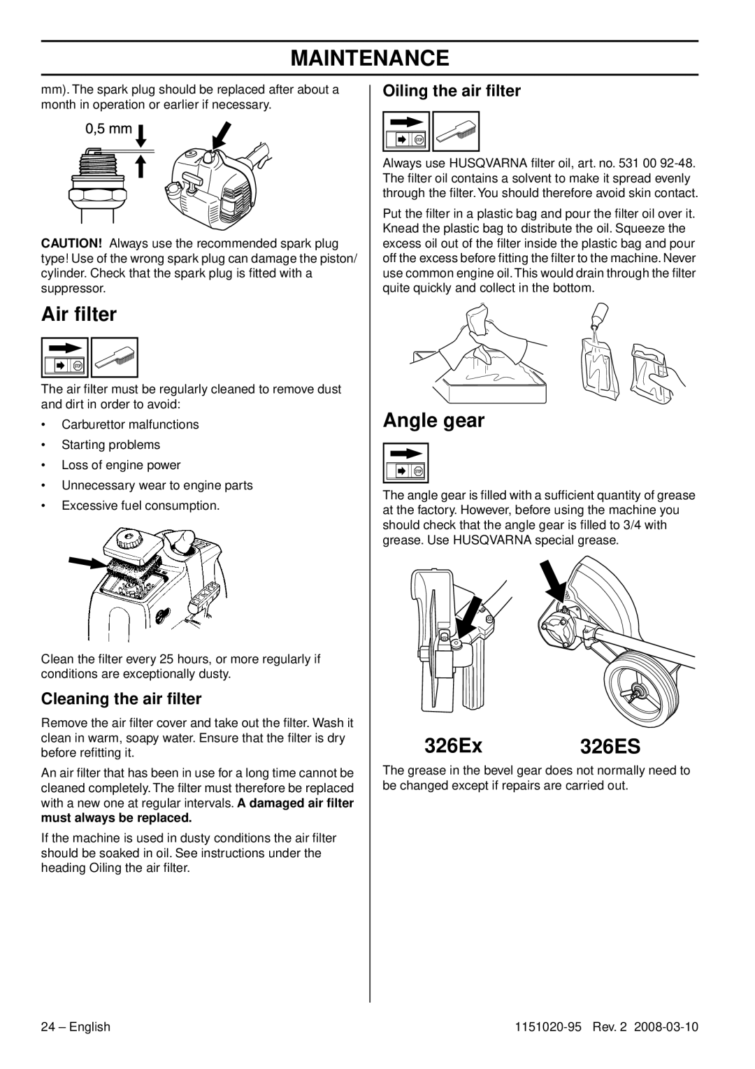 Husqvarna manual Air ﬁlter, Angle gear, 326Ex 326ES, Cleaning the air ﬁlter, Oiling the air ﬁlter, Maintenance 