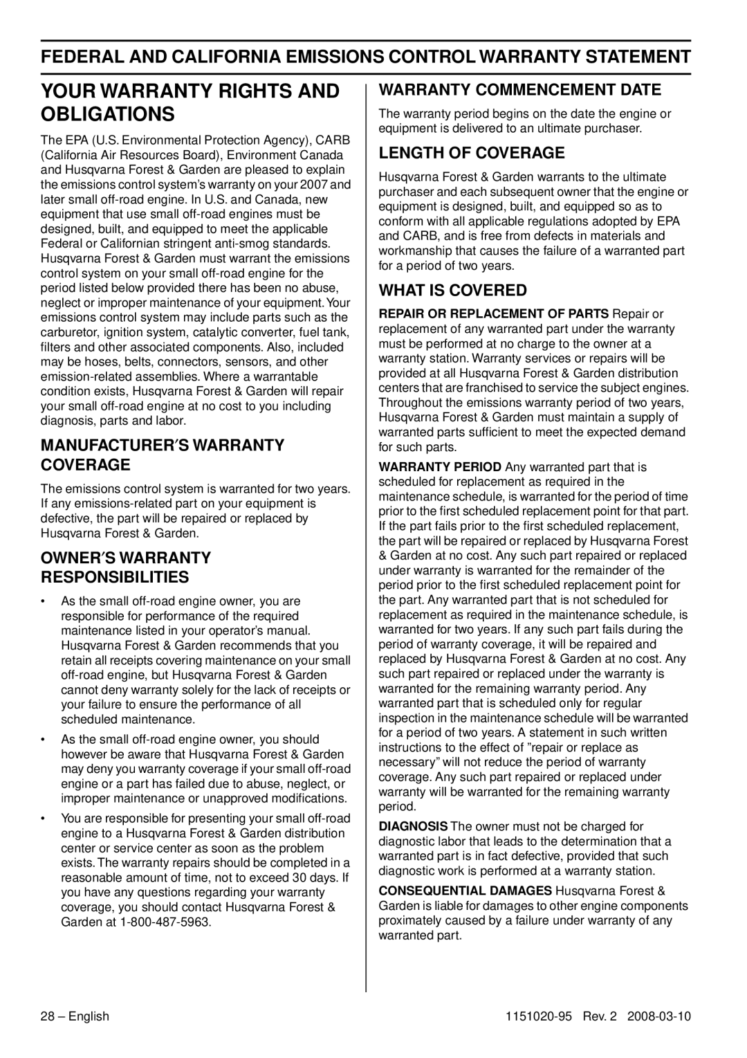 Husqvarna 326ES manual Your Warranty Rights And Obligations, Federal And California Emissions Control Warranty Statement 