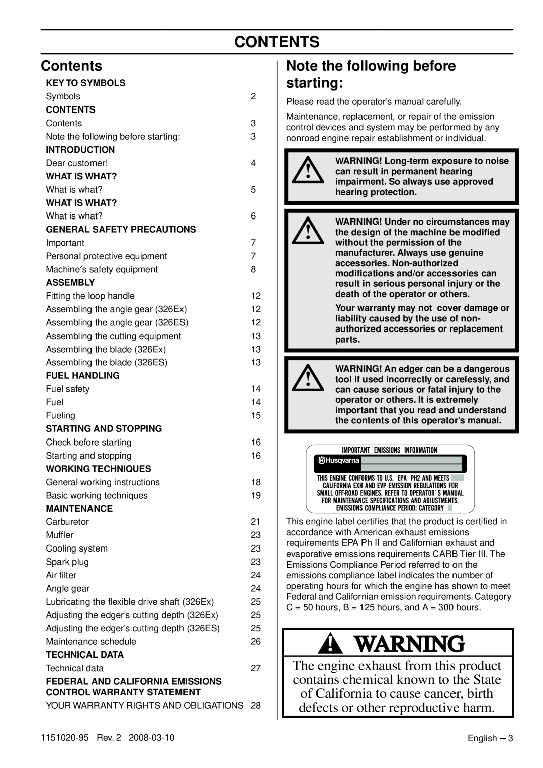 Husqvarna 326ES manual Contents, Note the following before starting, Key To Symbols, Introduction, What Is What?, Assembly 