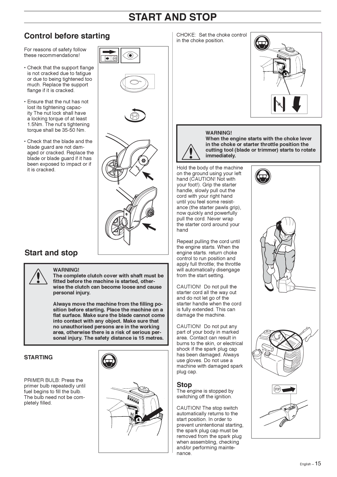 Husqvarna 326EX-Series manual Start and Stop, Control before starting, Start and stop 