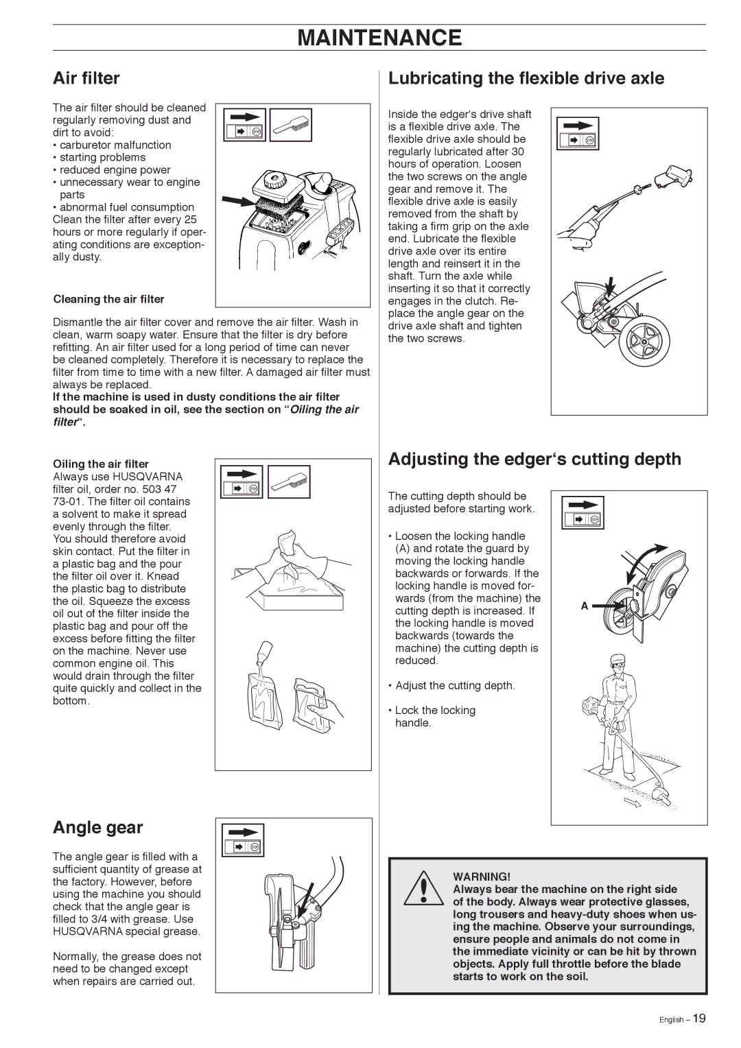 Husqvarna 326EX-Series Air ﬁlter, Lubricating the ﬂexible drive axle, Adjusting the edger‘s cutting depth, Angle gear 