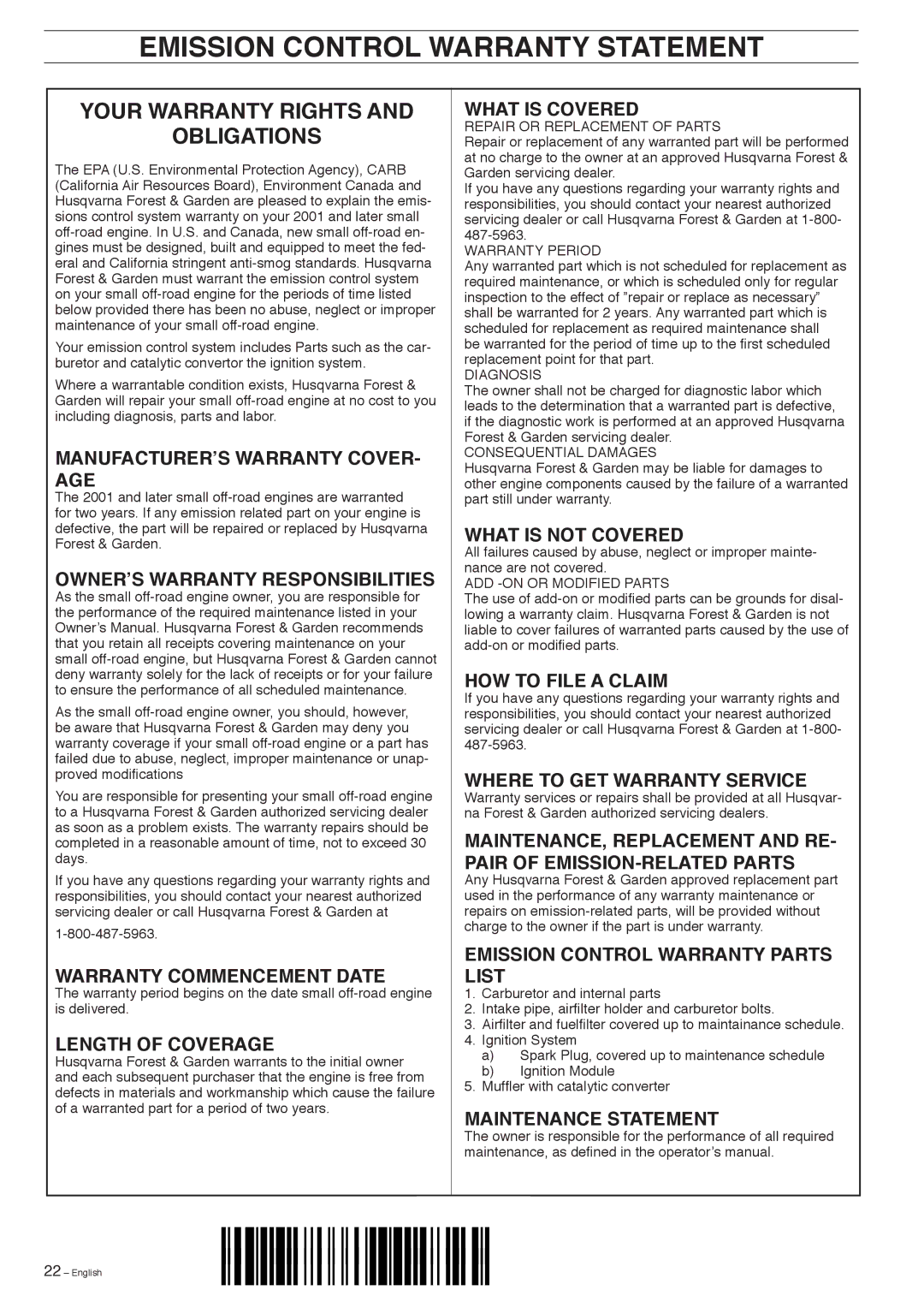 Husqvarna 326EX-Series manual Emission Control Warranty Statement, Your Warranty Rights Obligations 