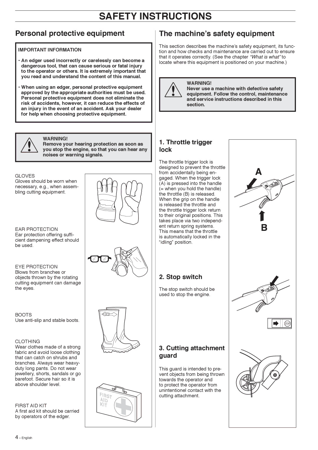 Husqvarna 326EX-Series manual Safety Instructions, Personal protective equipment, Machine’s safety equipment 