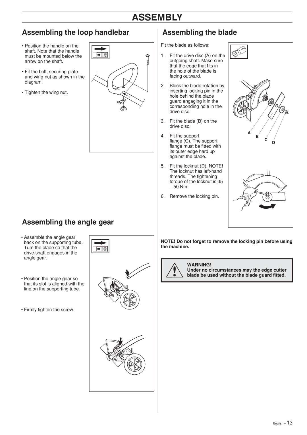 Husqvarna 326EX manual Assembly, Assembling the blade, Assembling the angle gear 