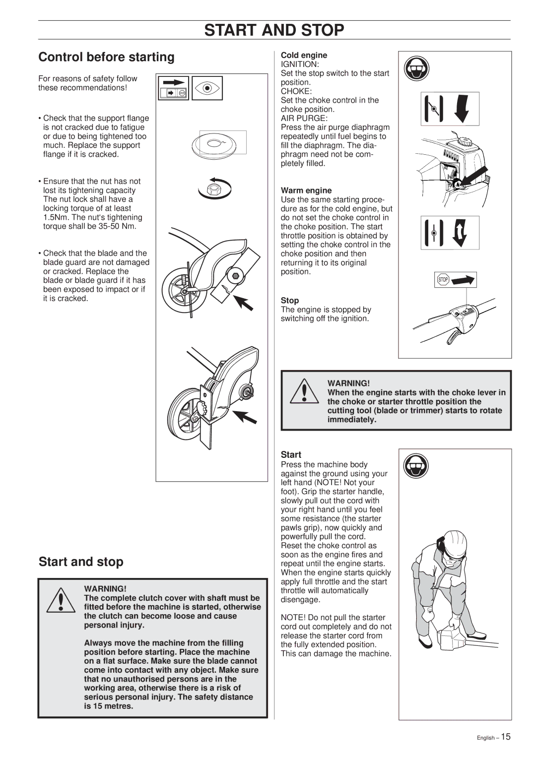 Husqvarna 326EX manual Start and Stop, Control before starting, Start and stop 