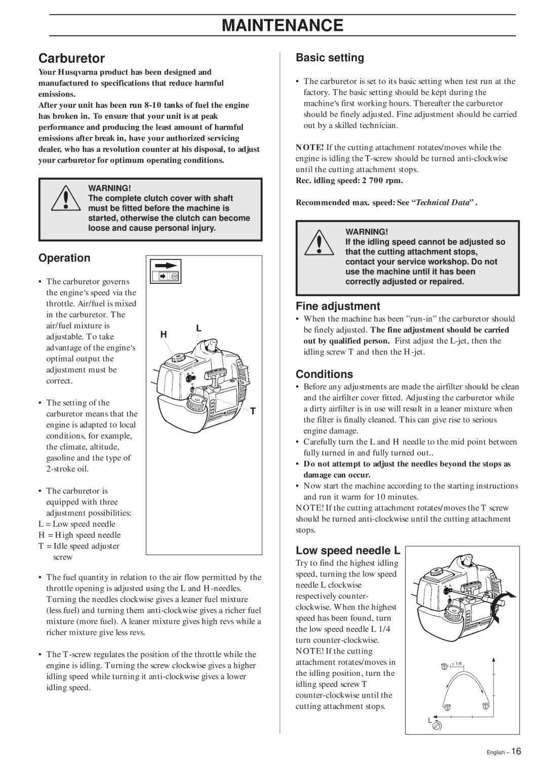 Husqvarna 326EX manual Maintenance, Carburetor 