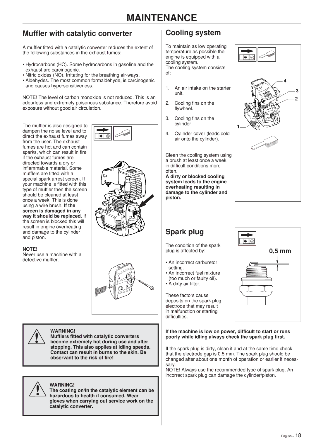 Husqvarna 326EX manual Muffler with catalytic converter Cooling system, Spark plug 