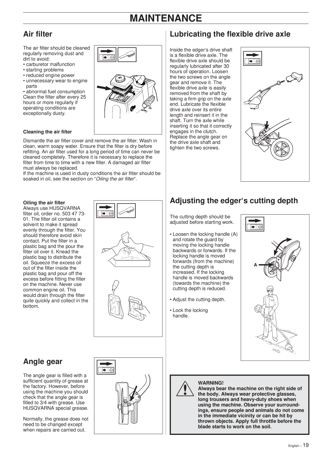 Husqvarna 326EX manual Air filter, Lubricating the flexible drive axle, Adjusting the edger‘s cutting depth, Angle gear 