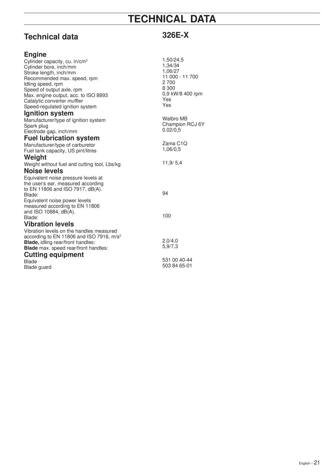 Husqvarna 326EX manual Technical Data, Technical data, 326E-X 