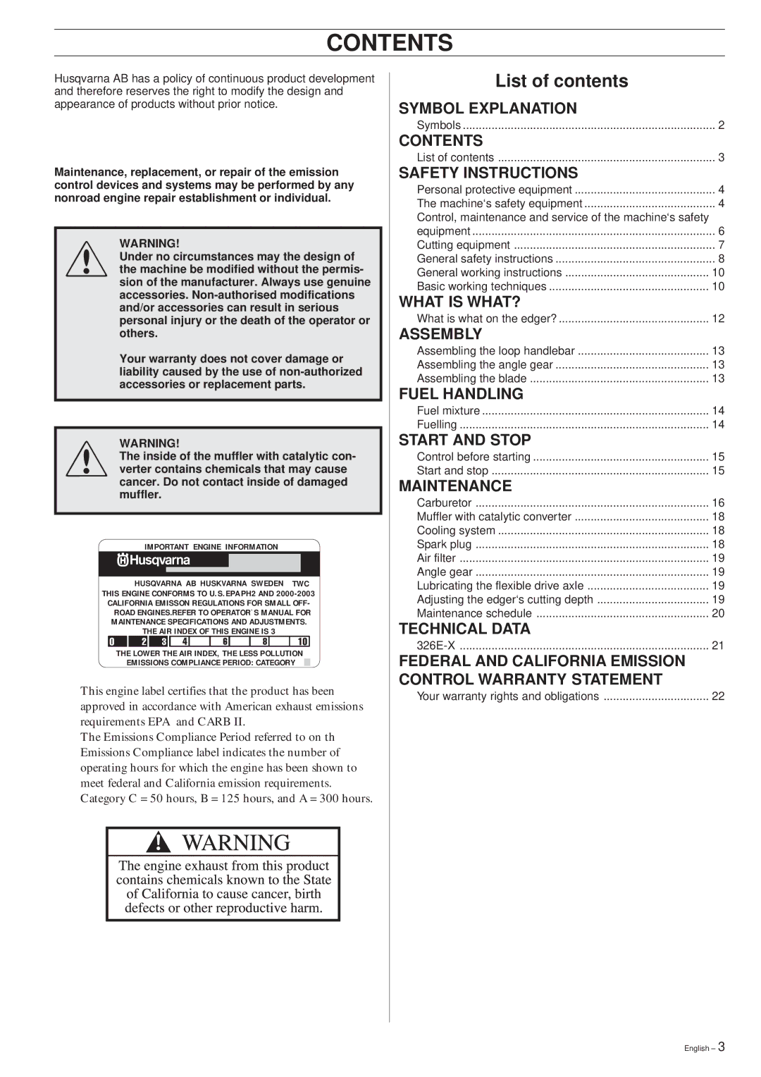 Husqvarna 326EX manual Contents 