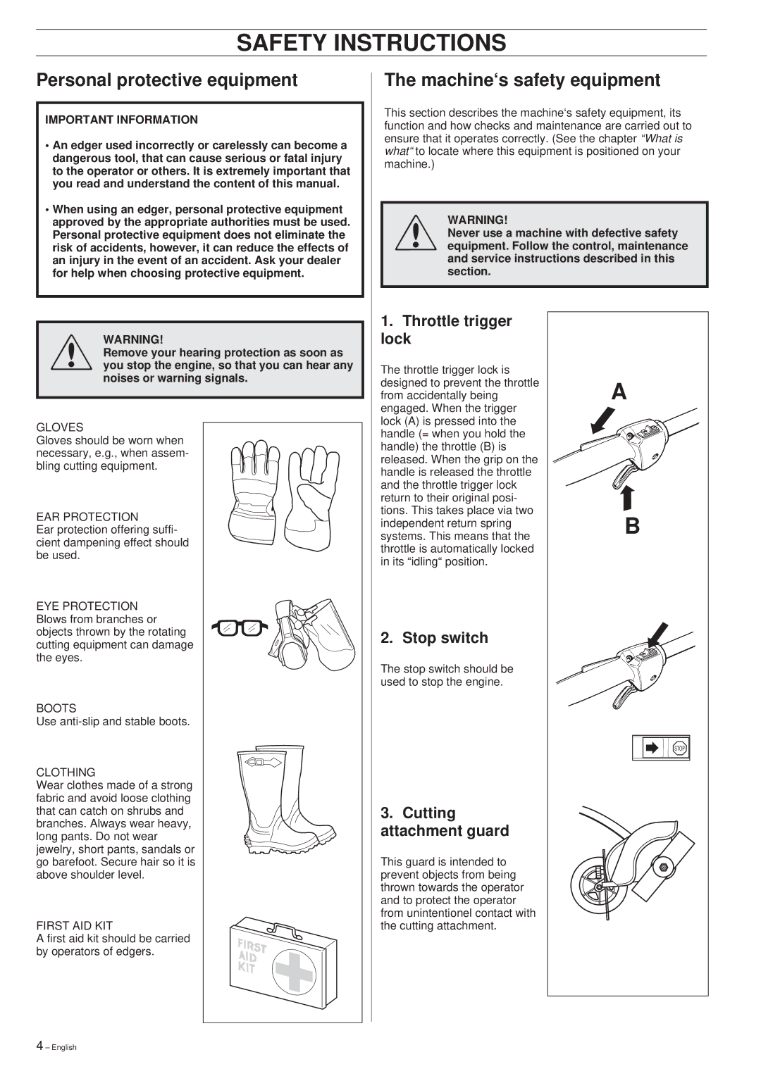 Husqvarna 326EX manual Safety Instructions, Personal protective equipment, Machine‘s safety equipment 