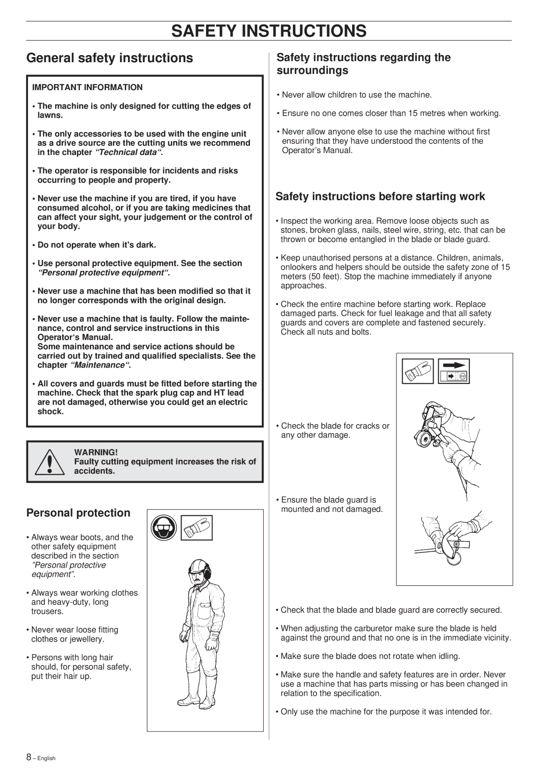 Husqvarna 326EX manual General safety instructions, Personal protection, Safety instructions regarding the surroundings 