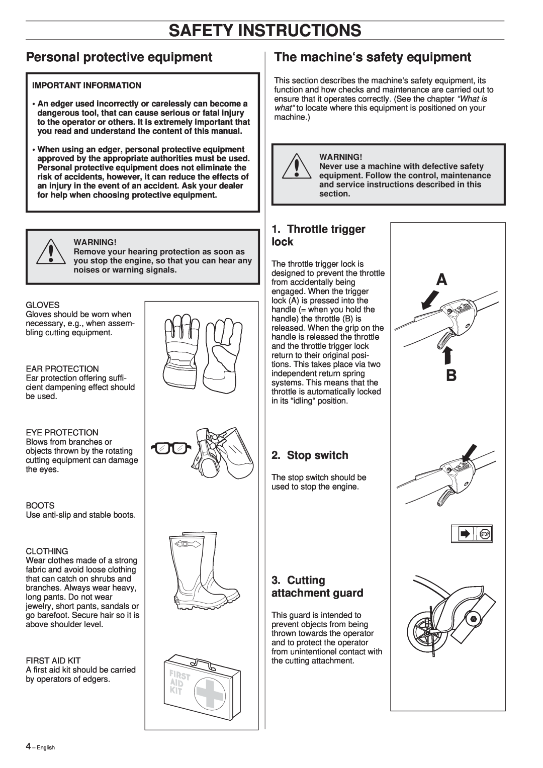 Husqvarna 326EX manual Safety Instructions, Personal protective equipment, The machine‘s safety equipment 