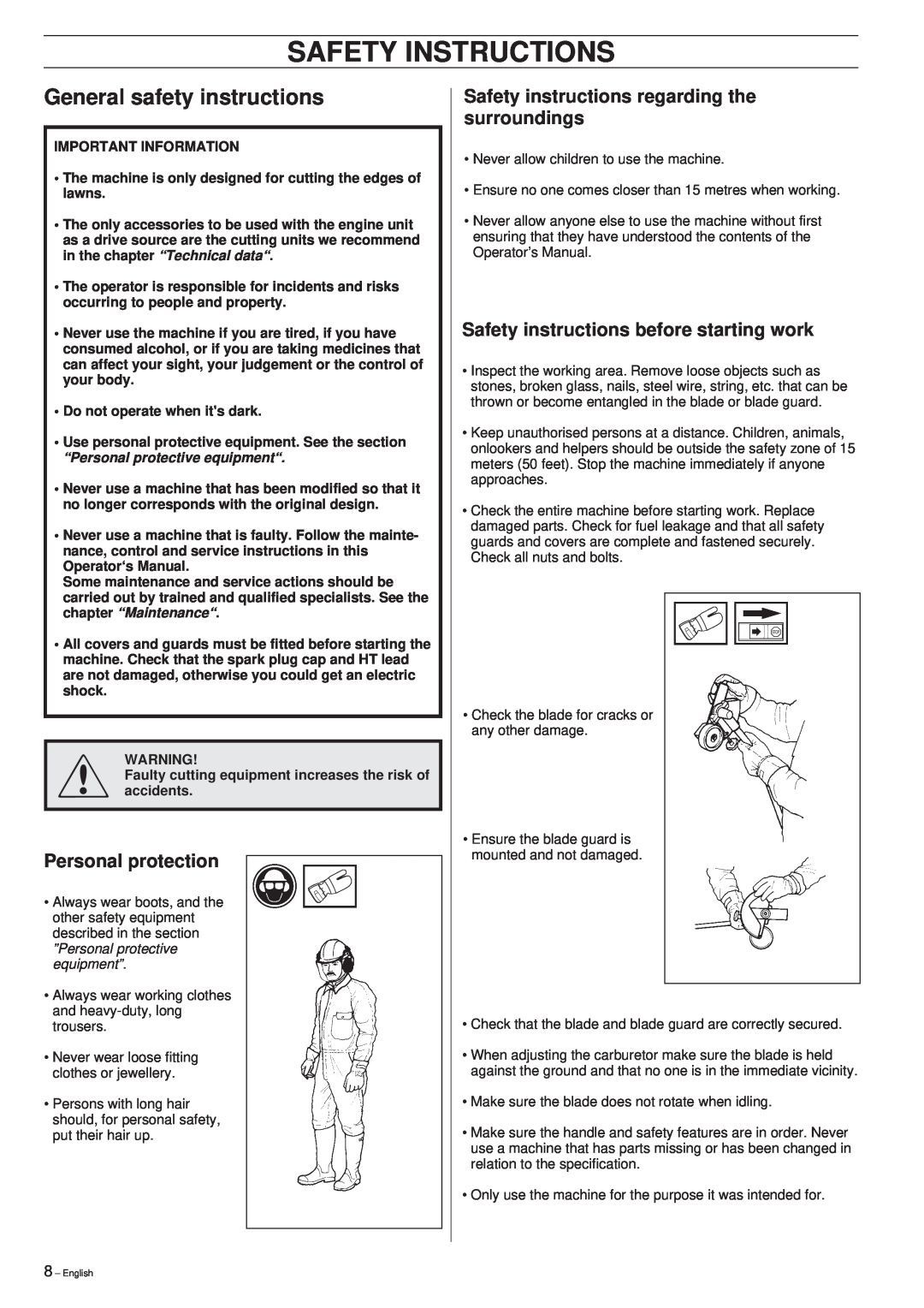 Husqvarna 326EX manual General safety instructions, Safety Instructions, Personal protection 