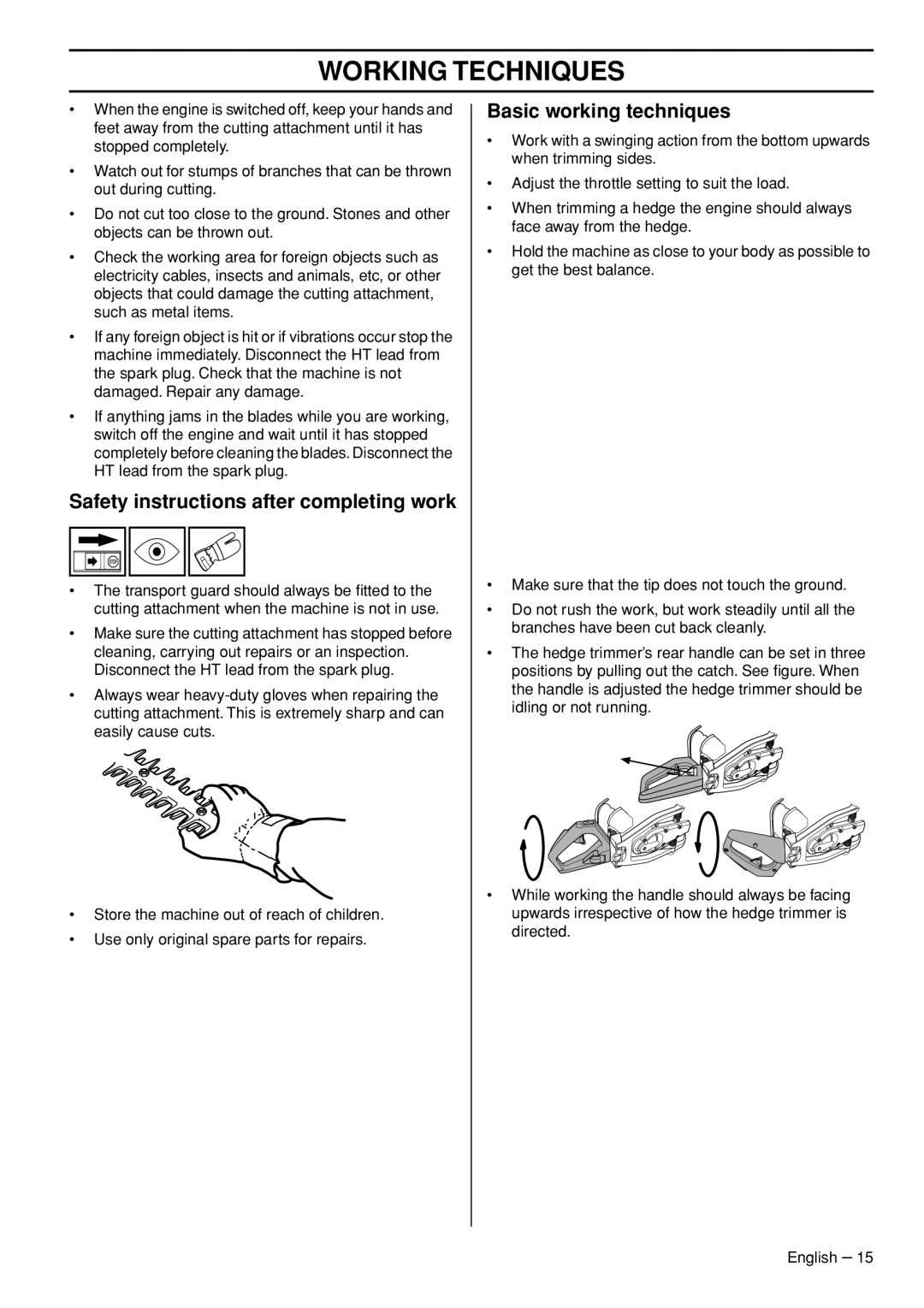 Husqvarna 326HD60X-Series, 326HD75X-Series manual Safety instructions after completing work, Basic working techniques 