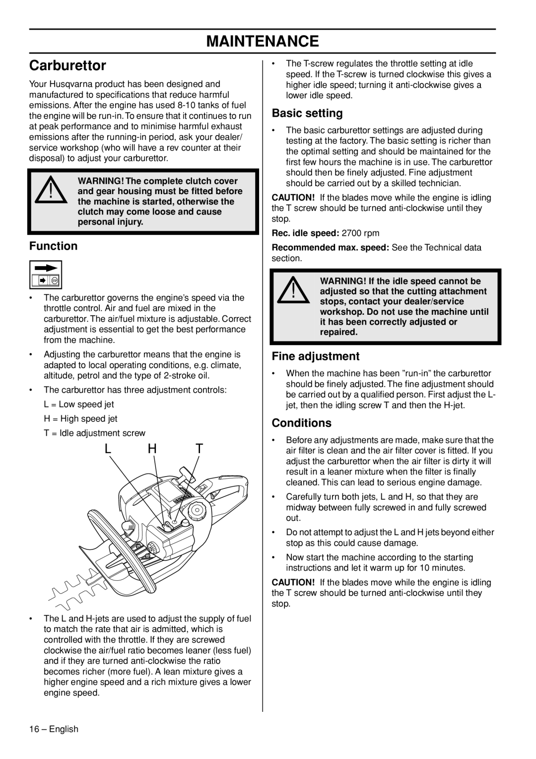 Husqvarna 326HD60X-Series, 326HD75X-Series manual Maintenance, Carburettor 