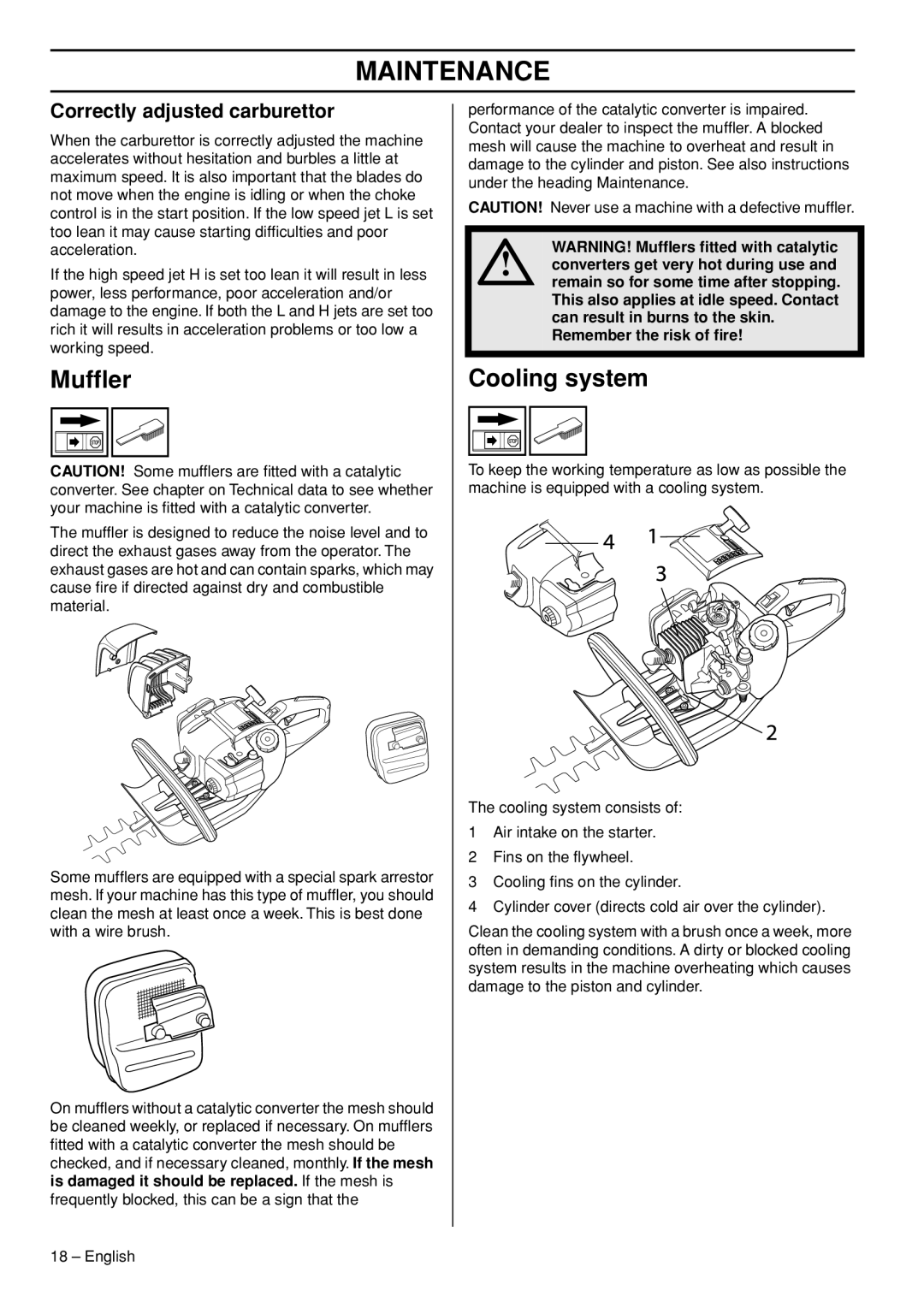 Husqvarna 326HD60X-Series, 326HD75X-Series manual Mufﬂer, Cooling system, Correctly adjusted carburettor 