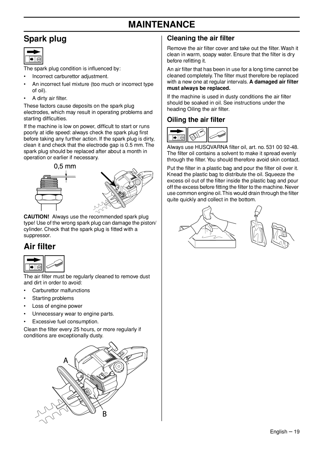 Husqvarna 326HD60X-Series, 326HD75X-Series manual Spark plug, Air ﬁlter, Cleaning the air ﬁlter, Oiling the air ﬁlter 