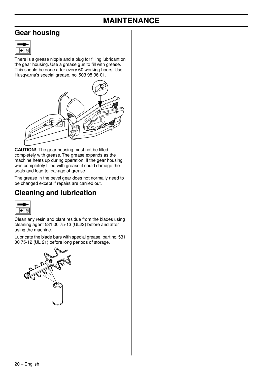 Husqvarna 326HD60X-Series, 326HD75X-Series manual Gear housing, Cleaning and lubrication 