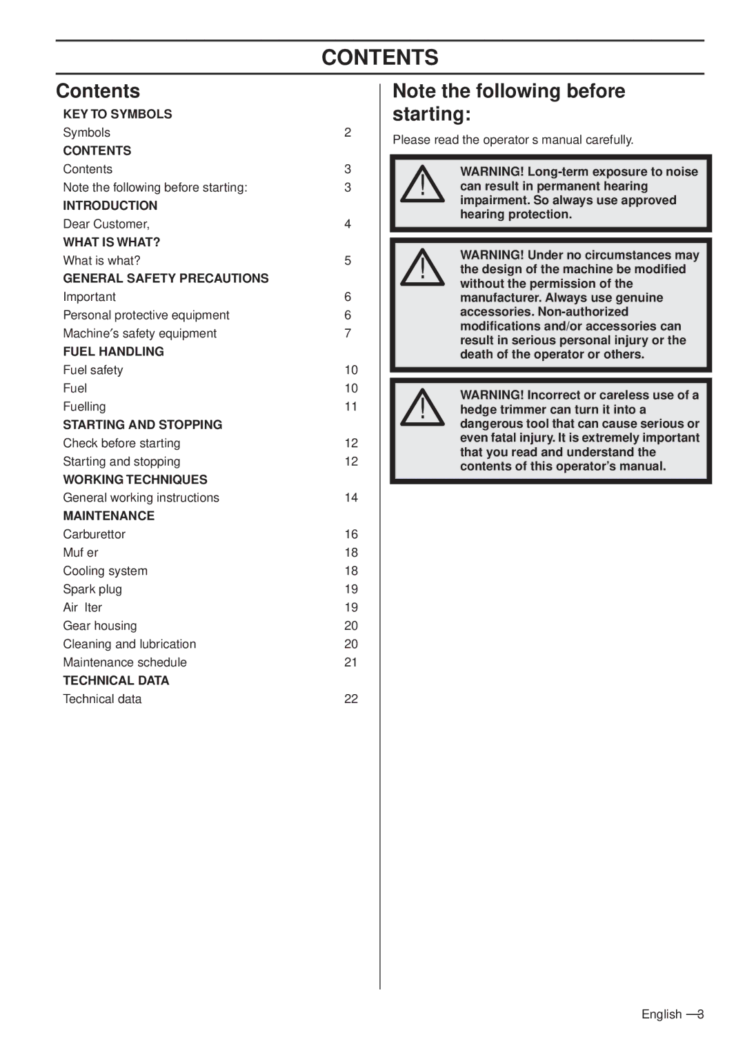 Husqvarna 326HD60X-Series, 326HD75X-Series manual Contents 