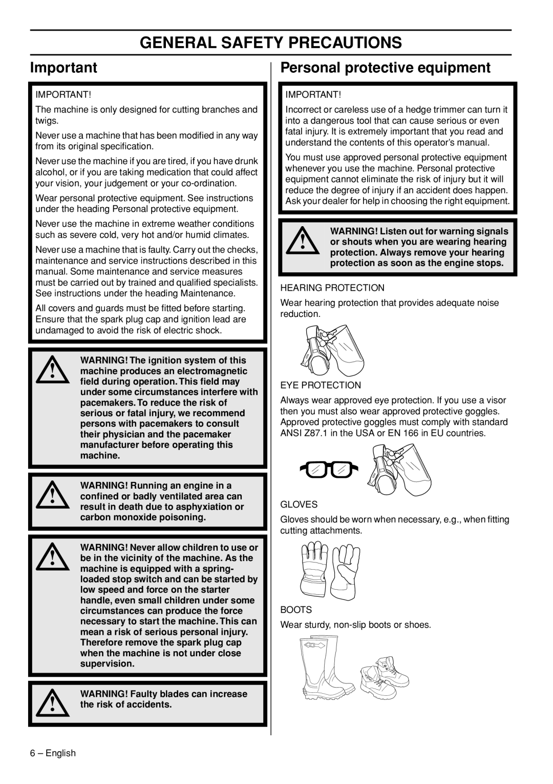 Husqvarna 326HD60X-Series, 326HD75X-Series manual General Safety Precautions, Personal protective equipment 