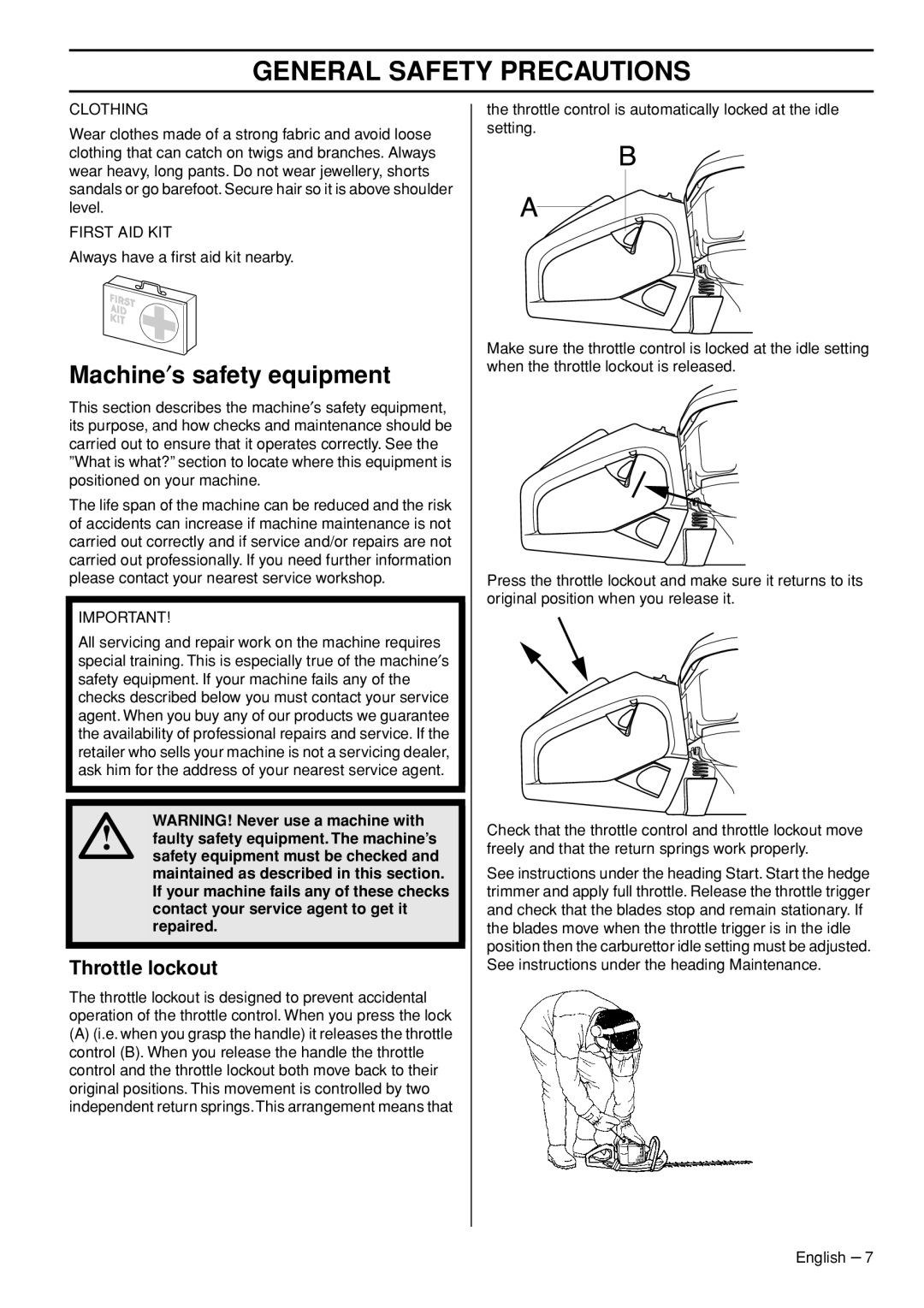 Husqvarna 326HD60X-Series, 326HD75X-Series manual Machine′s safety equipment, Throttle lockout 