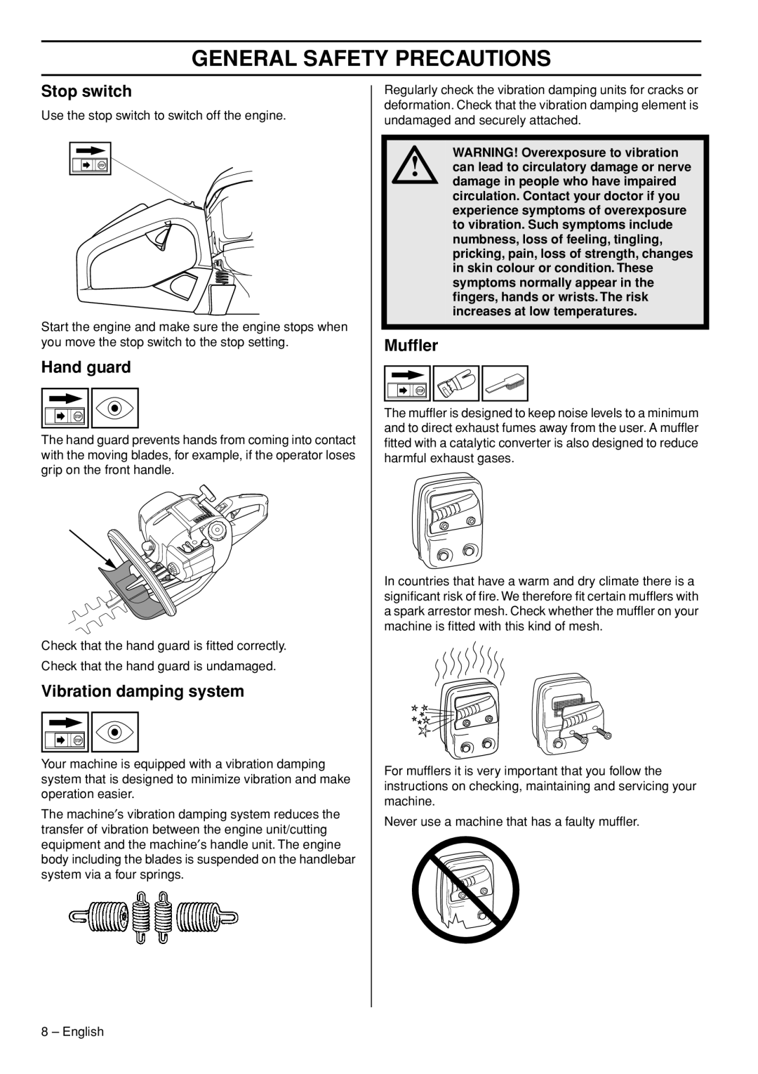 Husqvarna 326HD60X-Series, 326HD75X-Series manual Stop switch, Hand guard, Vibration damping system, Mufﬂer 