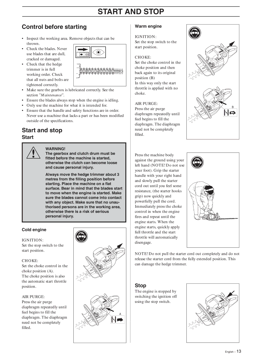 Husqvarna 326HD60, 326HD75 manual Start and Stop, Control before starting, Start and stop 