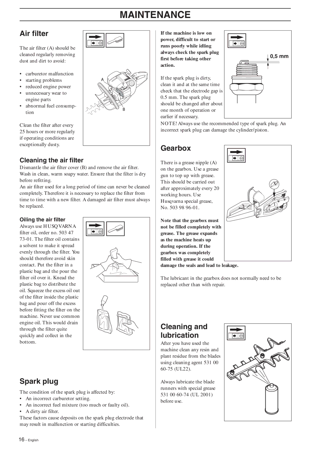 Husqvarna 326HD75, 326HD60 manual Air filter, Spark plug, Gearbox, Cleaning and lubrication, Cleaning the air filter 