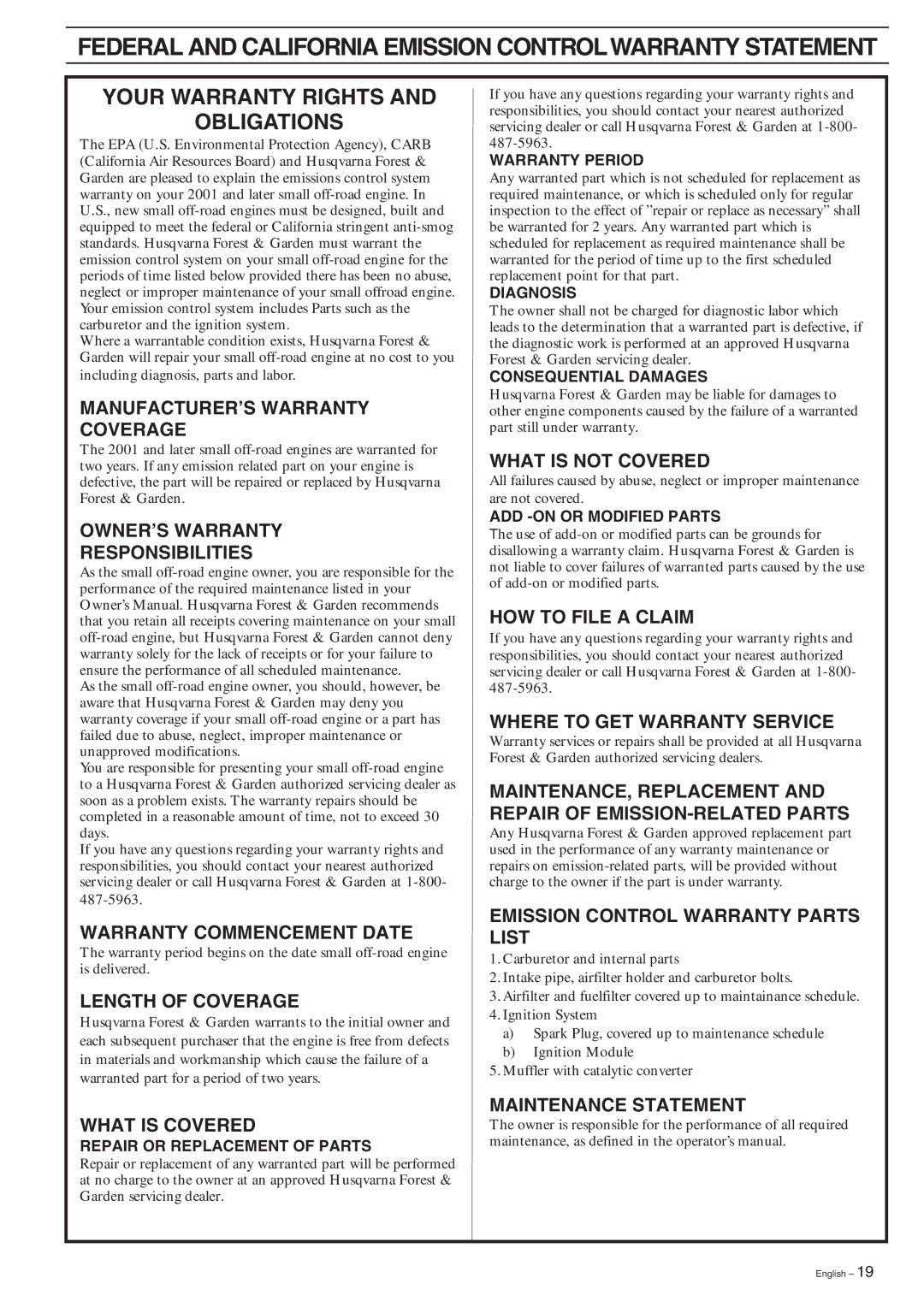 Husqvarna 326HD60, 326HD75 manual Federal and California Emission Controlwarranty Statement 