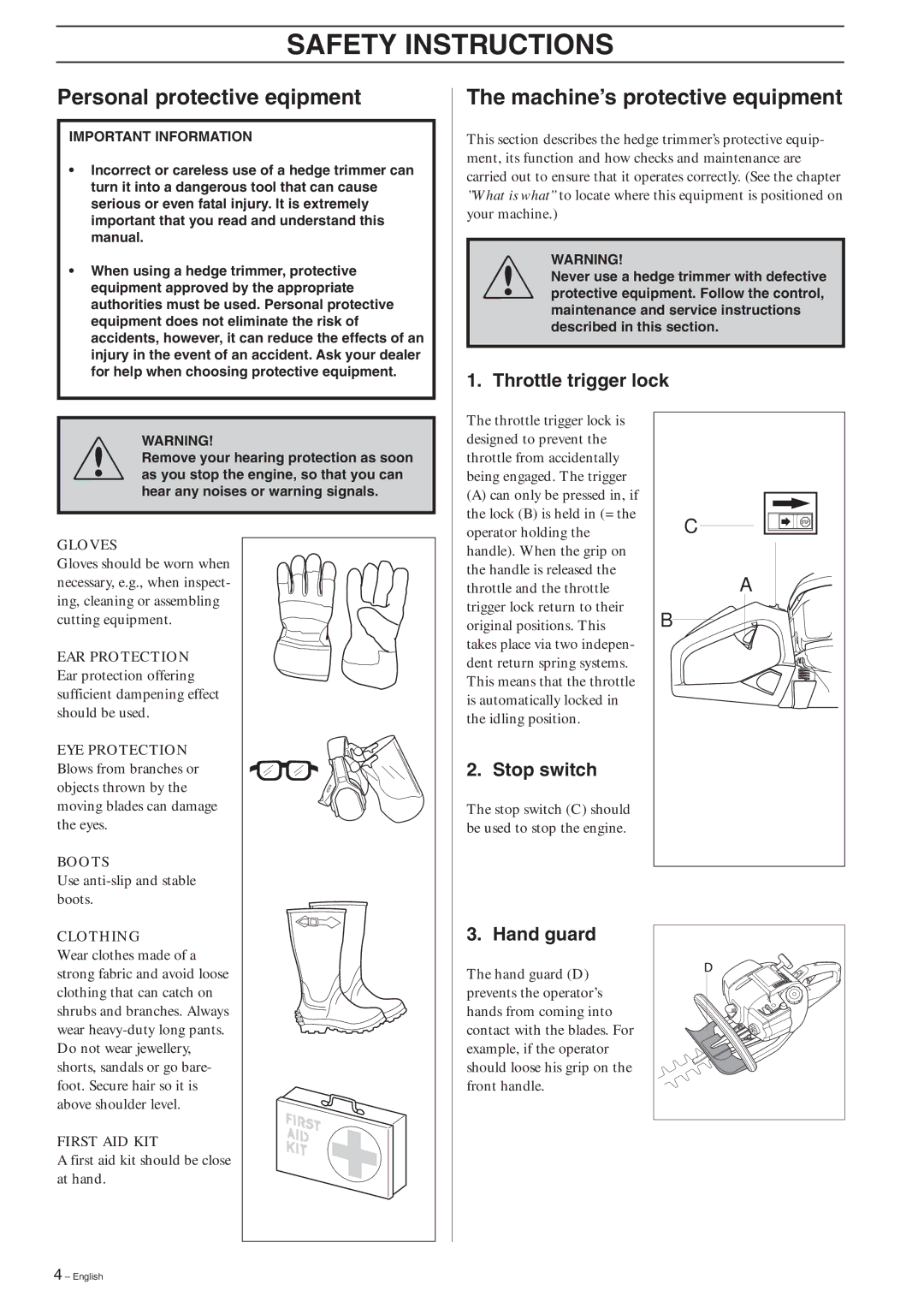 Husqvarna 326HD75, 326HD60 manual Safety Instructions, Personal protective eqipment, Machine’s protective equipment 