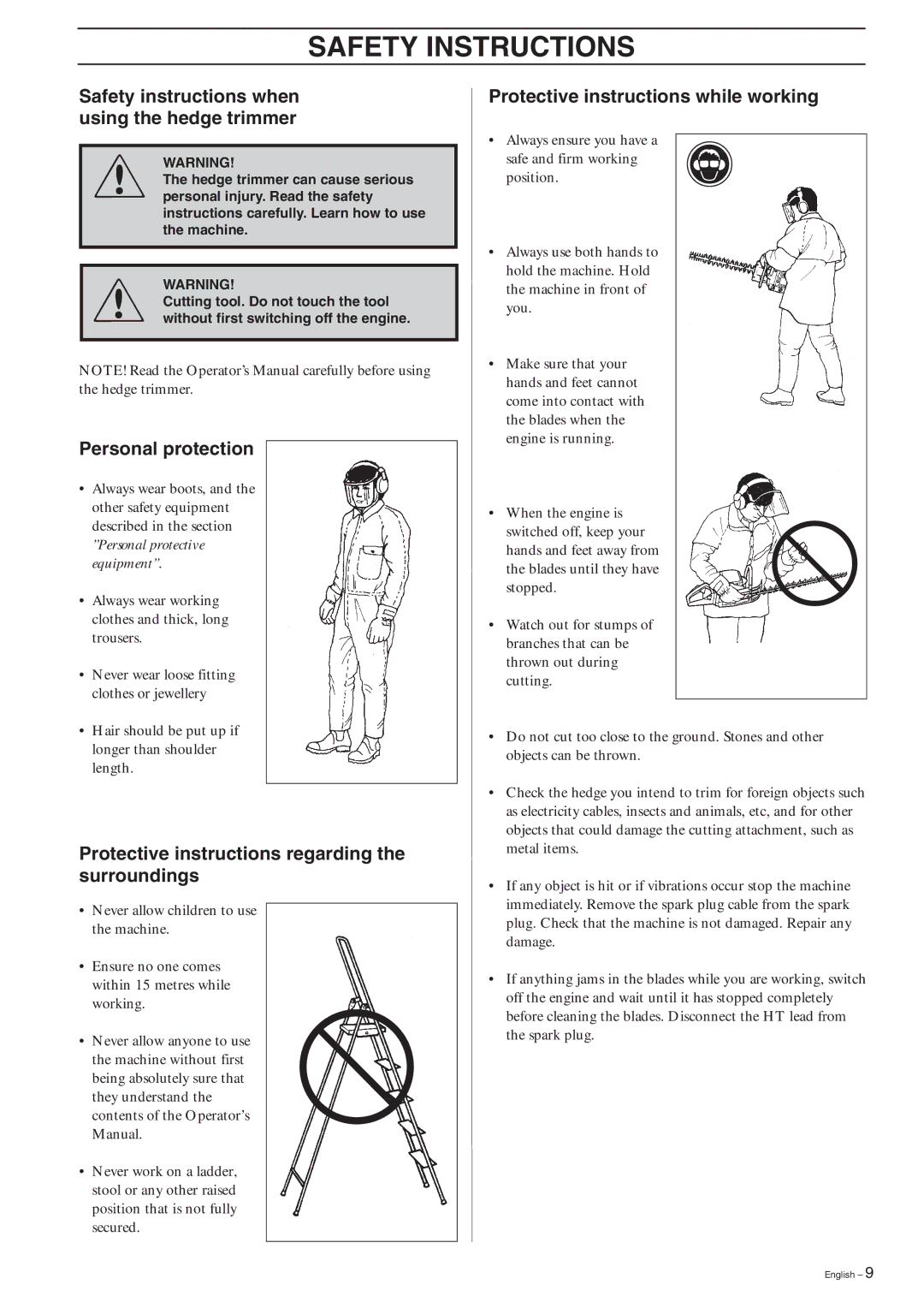 Husqvarna 326HD60, 326HD75 manual Safety instructions when using the hedge trimmer, Personal protection 