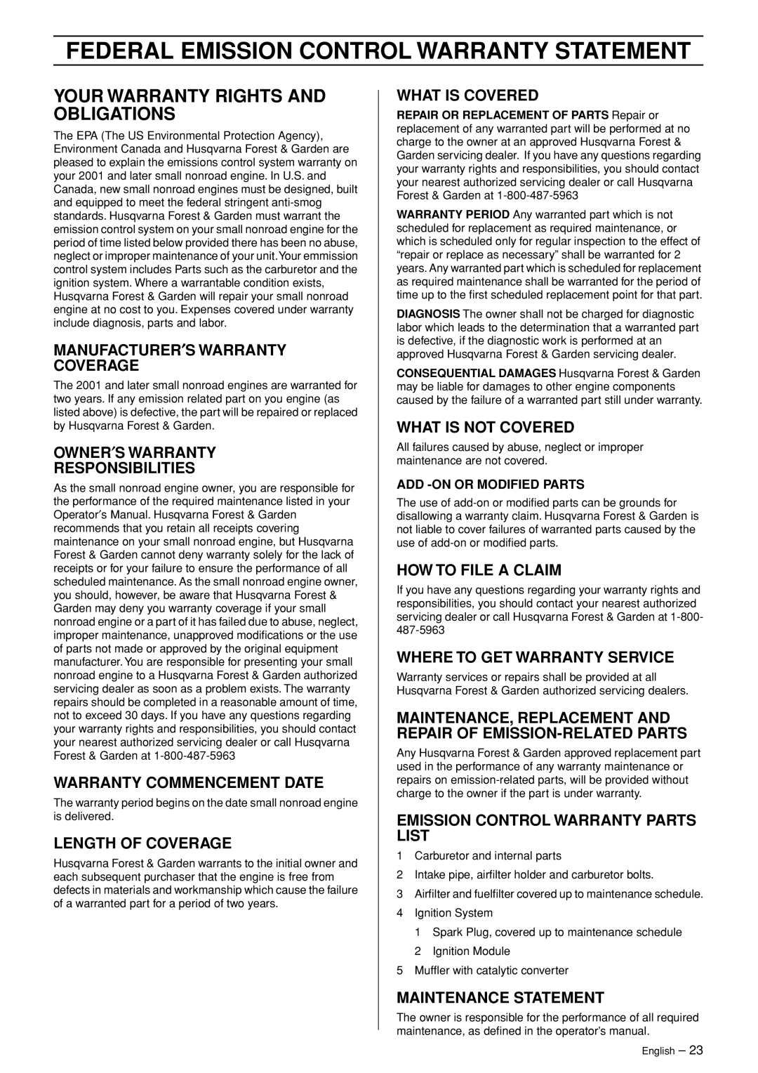 Husqvarna 326HDAX-Series, 326HE3X-Series, 326HE4X-Series manual Federal Emission Control Warranty Statement 