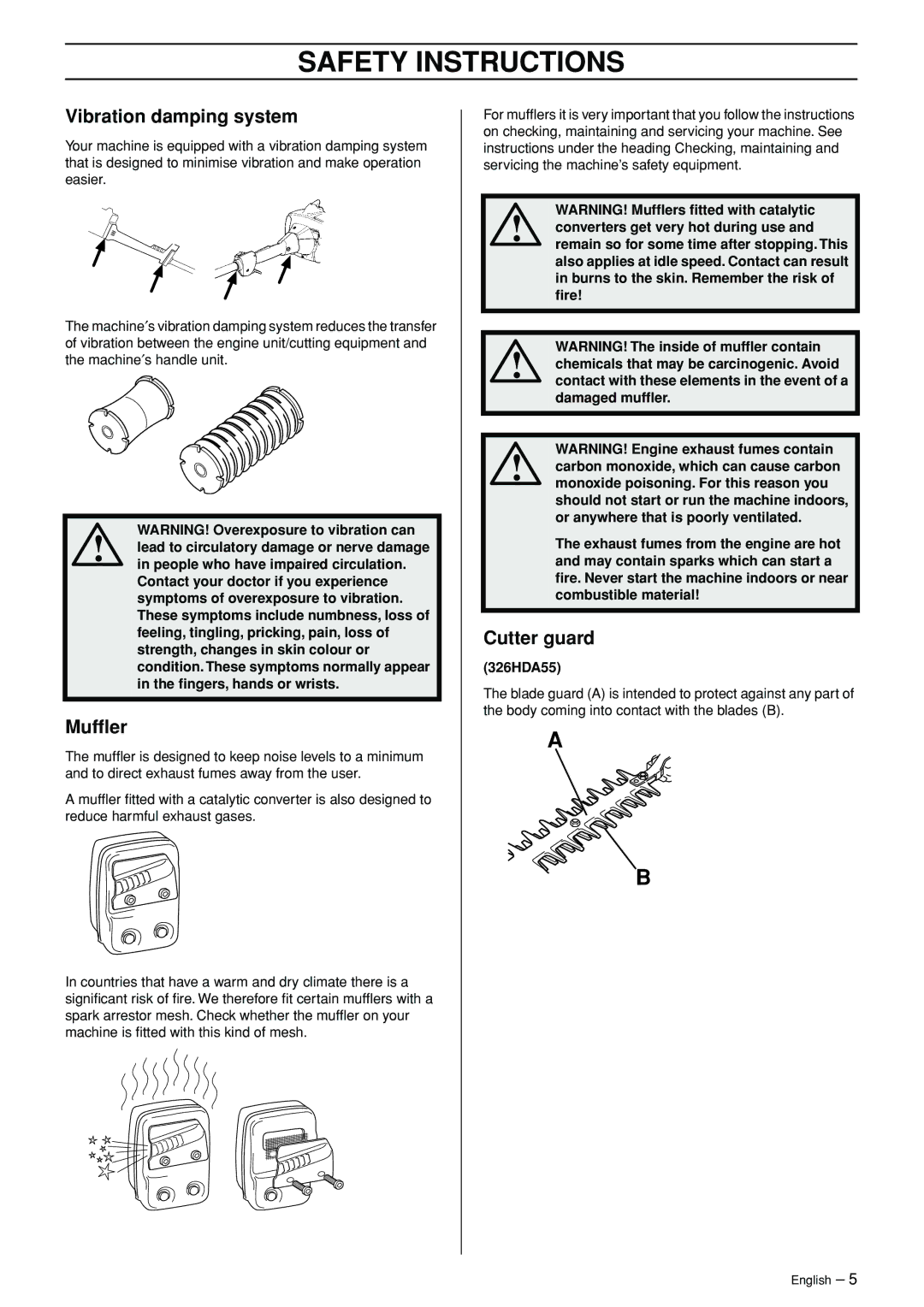 Husqvarna 326HDAX-Series, 326HE3X-Series, 326HE4X-Series manual Vibration damping system, Mufﬂer, Cutter guard, 326HDA55 