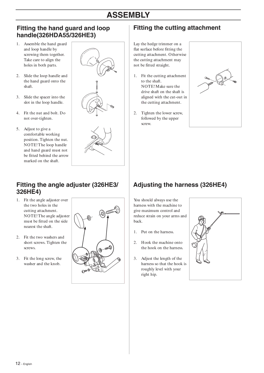 Husqvarna 326HDA55X-Series, 326HE3X-Series, 326HE4X-Series manual Assembly, Fitting the angle adjuster 326HE3/ 326HE4 