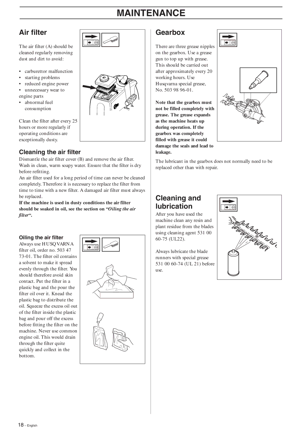 Husqvarna 326HDA55X-Series, 326HE3X-Series, 326HE4X-Series manual Air filter, Gearbox, Cleaning and lubrication 