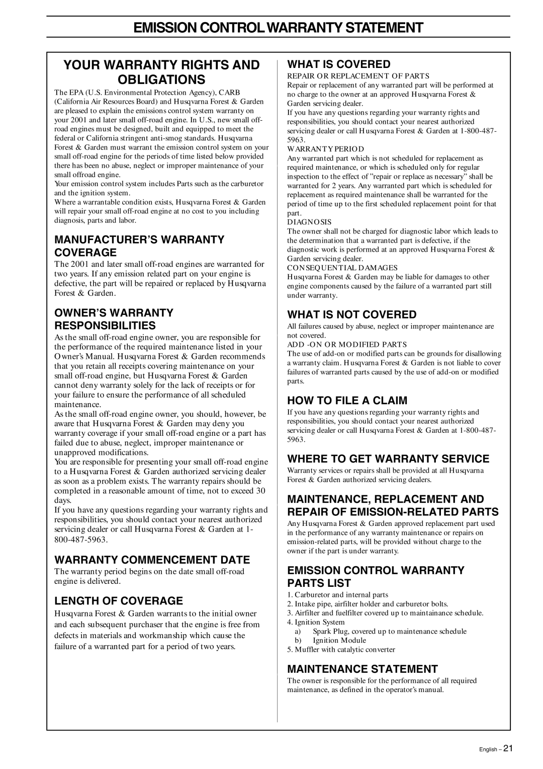 Husqvarna 326HDA55X-Series, 326HE3X-Series, 326HE4X-Series manual Emission Control Warranty Statement 